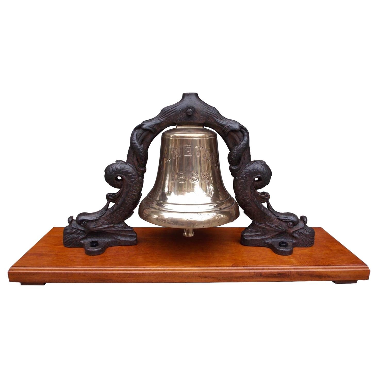 English Solid Brass Ship's Bell Mounted on Dolphin Yoke, “S.S. Venetian” C. 1882