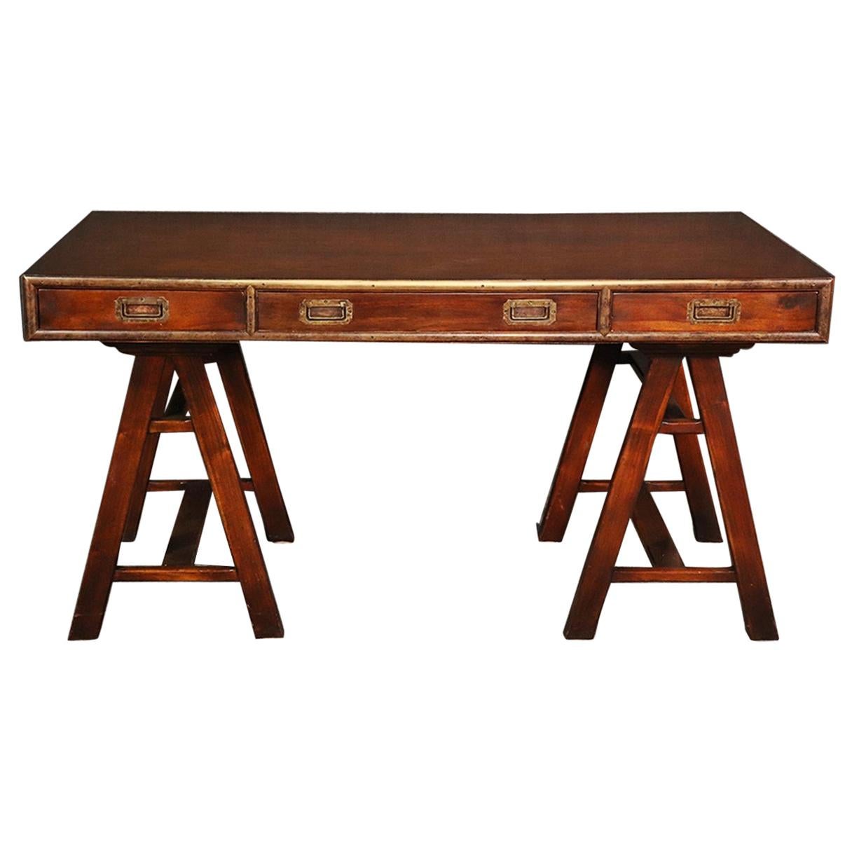 English Solid Mahogany and Brass Campaign Style Writing Table Desk