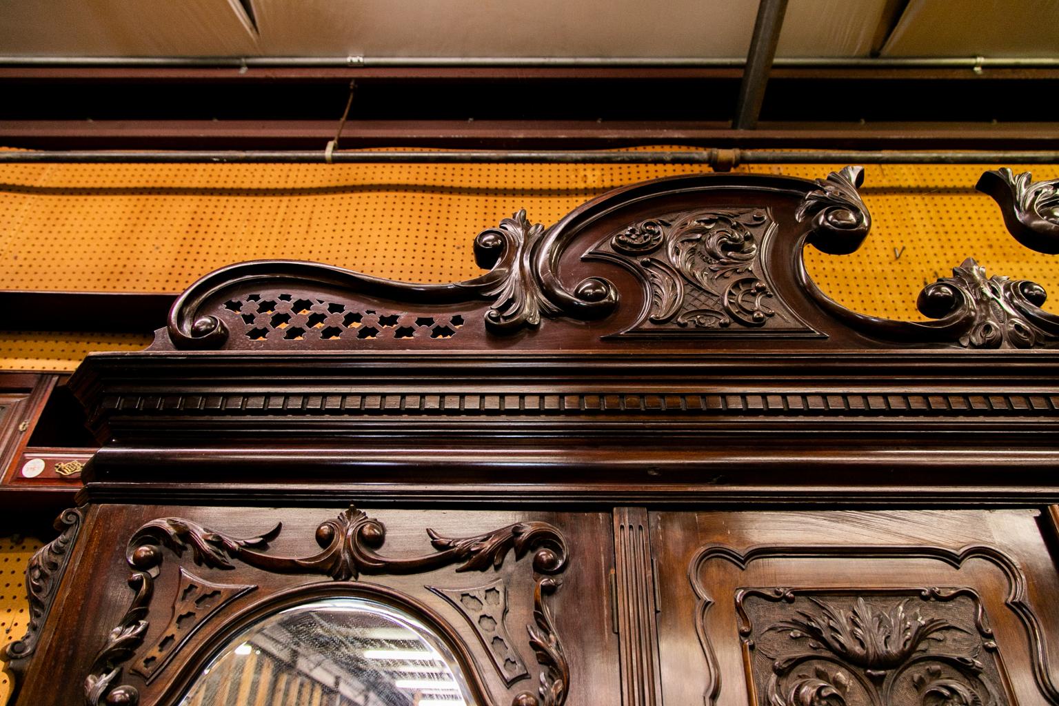 Hand-Carved English Solid Mahogany Armoire For Sale