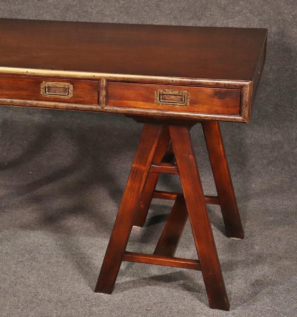 English Solid Mahogany and Brass Campaign Style Writing Table Desk In Good Condition In Swedesboro, NJ