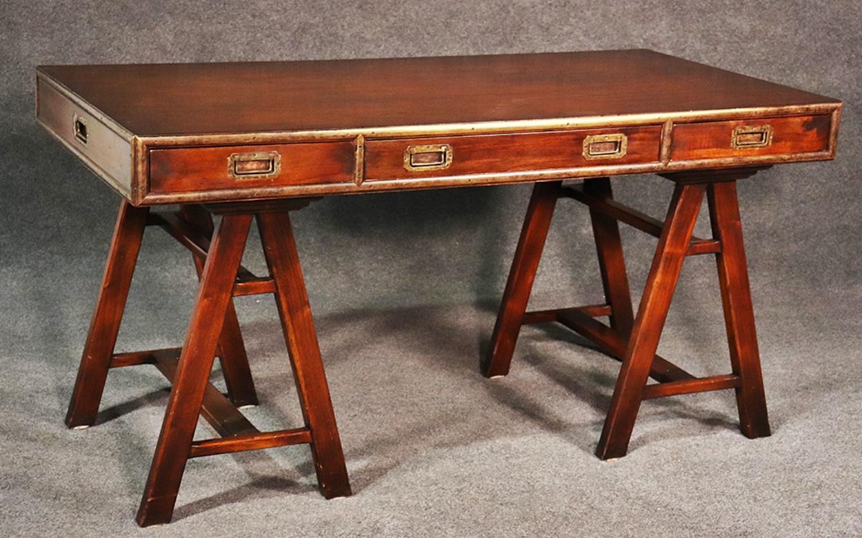 20th Century English Solid Mahogany and Brass Campaign Style Writing Table Desk