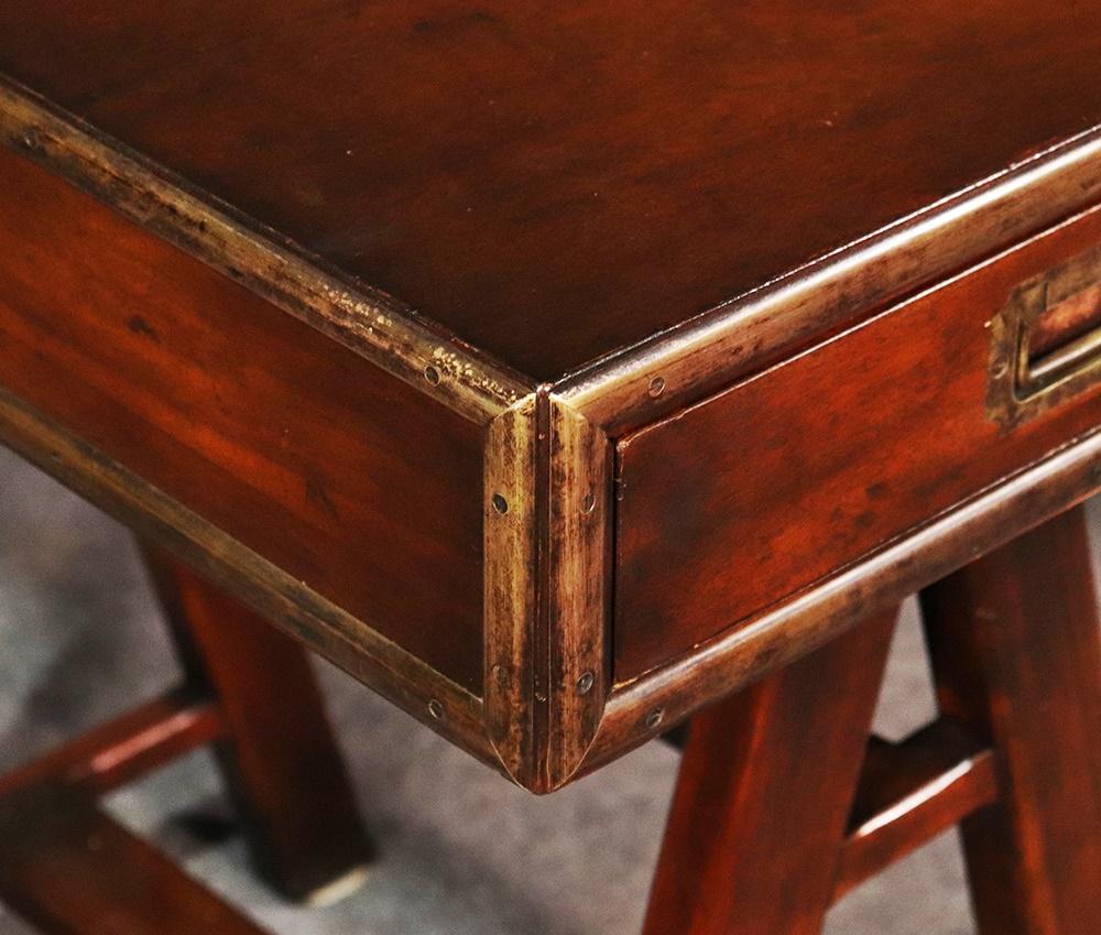 English Solid Mahogany and Brass Campaign Style Writing Table Desk 1