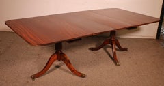English Solid Mahogany Twin Pillar Dining Room Table - 19th Century