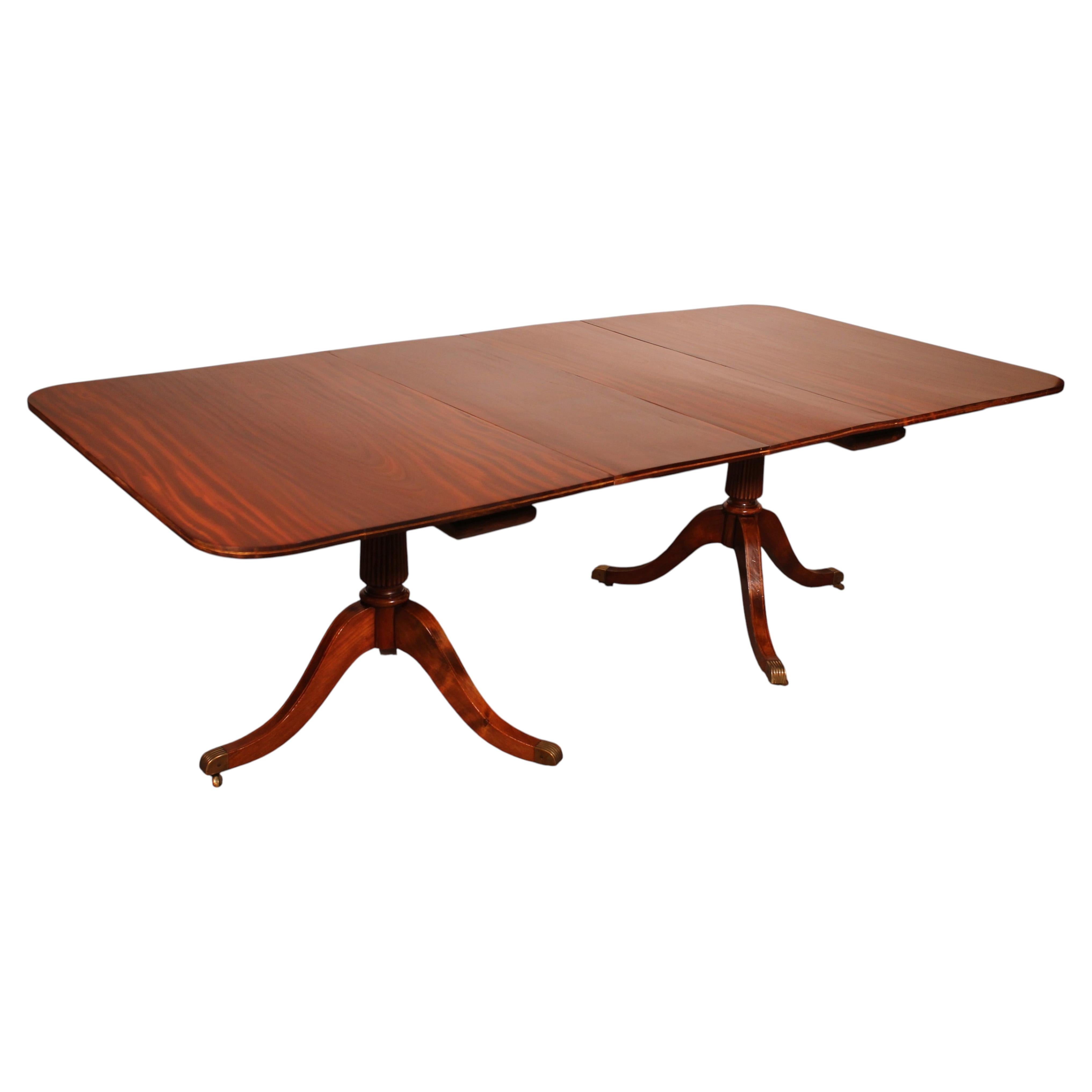 English Solid Mahogany Twin Pillar Dining Room Table - 19th Century