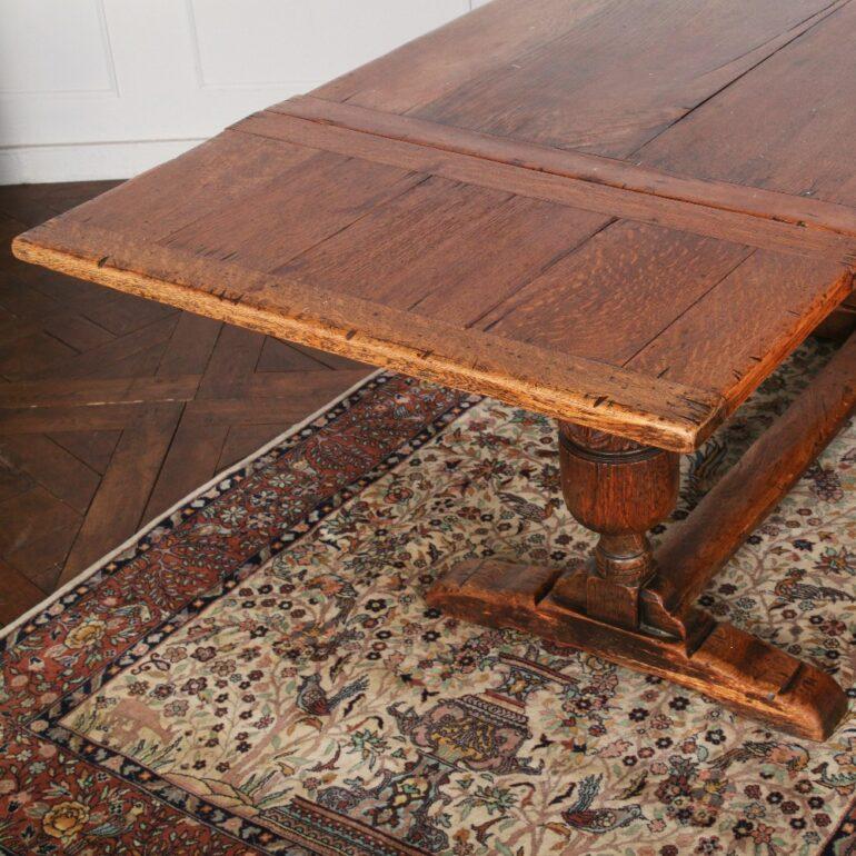 Carved English Solid Oak Draw-Leaf Refectory Trestle Plank Table