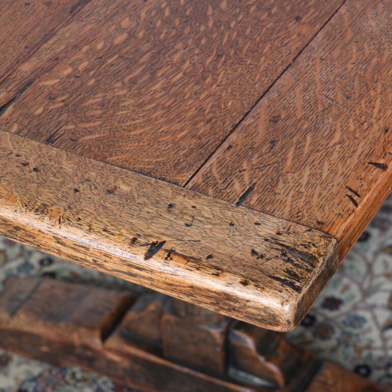 English Solid Oak Draw-Leaf Refectory Trestle Plank Table In Good Condition In Vancouver, British Columbia