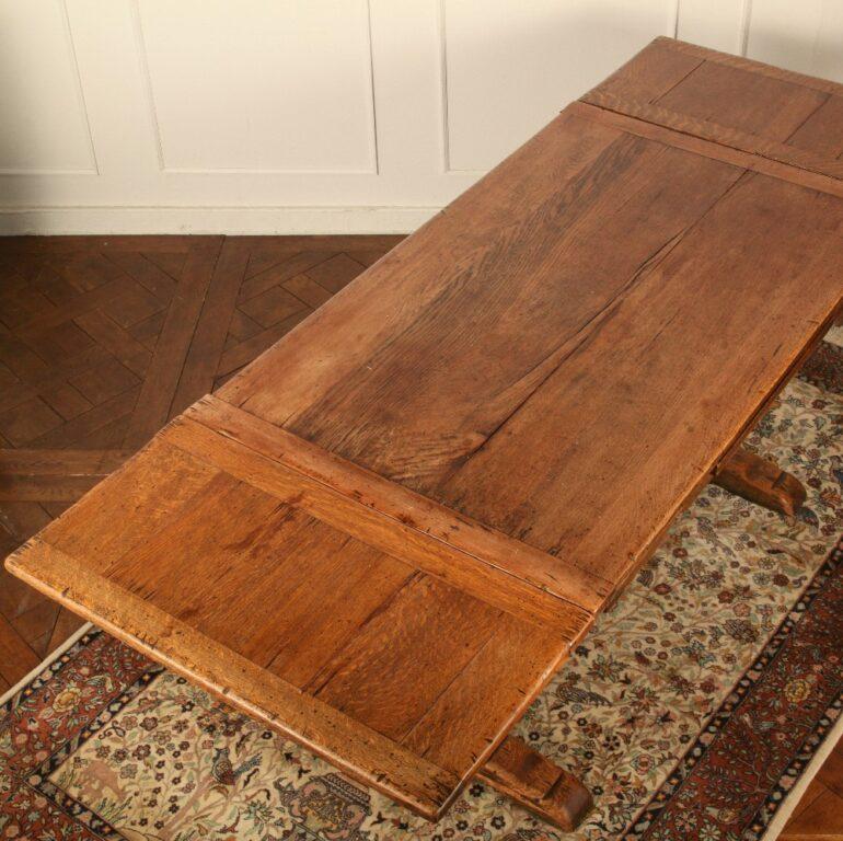 Early 20th Century English Solid Oak Draw-Leaf Refectory Trestle Plank Table