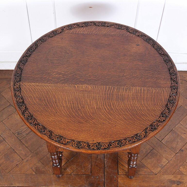Carved English Solid Oak Folding Table, Chair