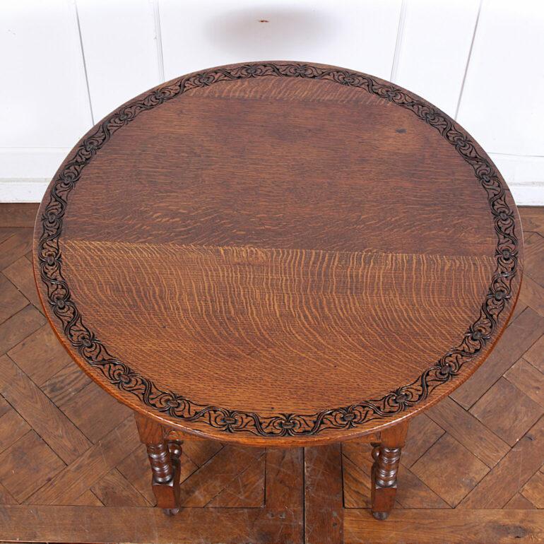Carved English Solid Oak Folding Table, Chair