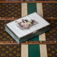 English Solid Silver Cigar Box with Shagreen, H.M. Bateman Art, 1929