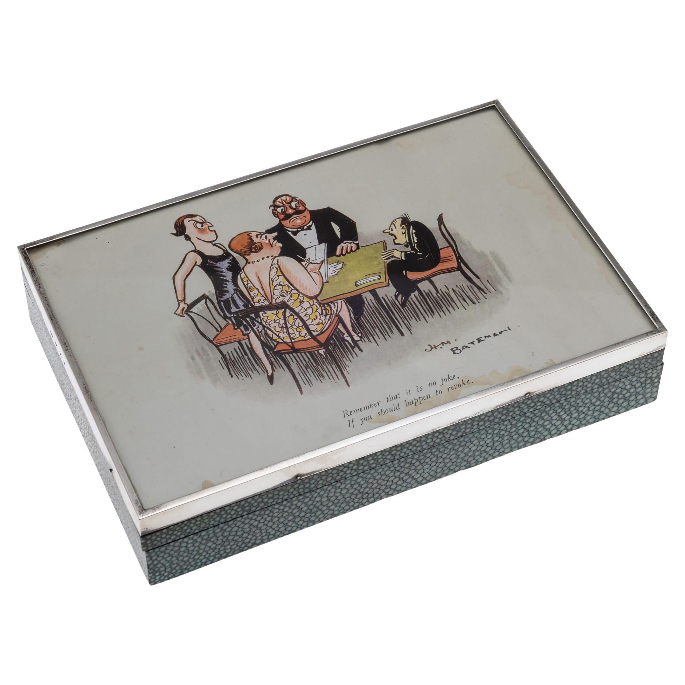 English Solid Silver Cigar Box with Shagreen, H.M. Bateman Art, 1929