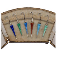 English Solid Silver & Enamel Set Of Six 'Umbrella' Cocktail Picks c.1931 English Solid Silver & Enamel Set Of Six 'Umbrella' Cocktail Picks c.1931
