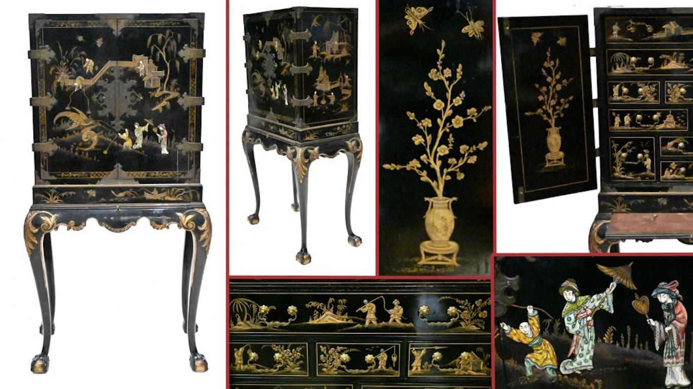 20th Century English Specimen Cabinet Chinoiserie Lacquer 1900 Antique