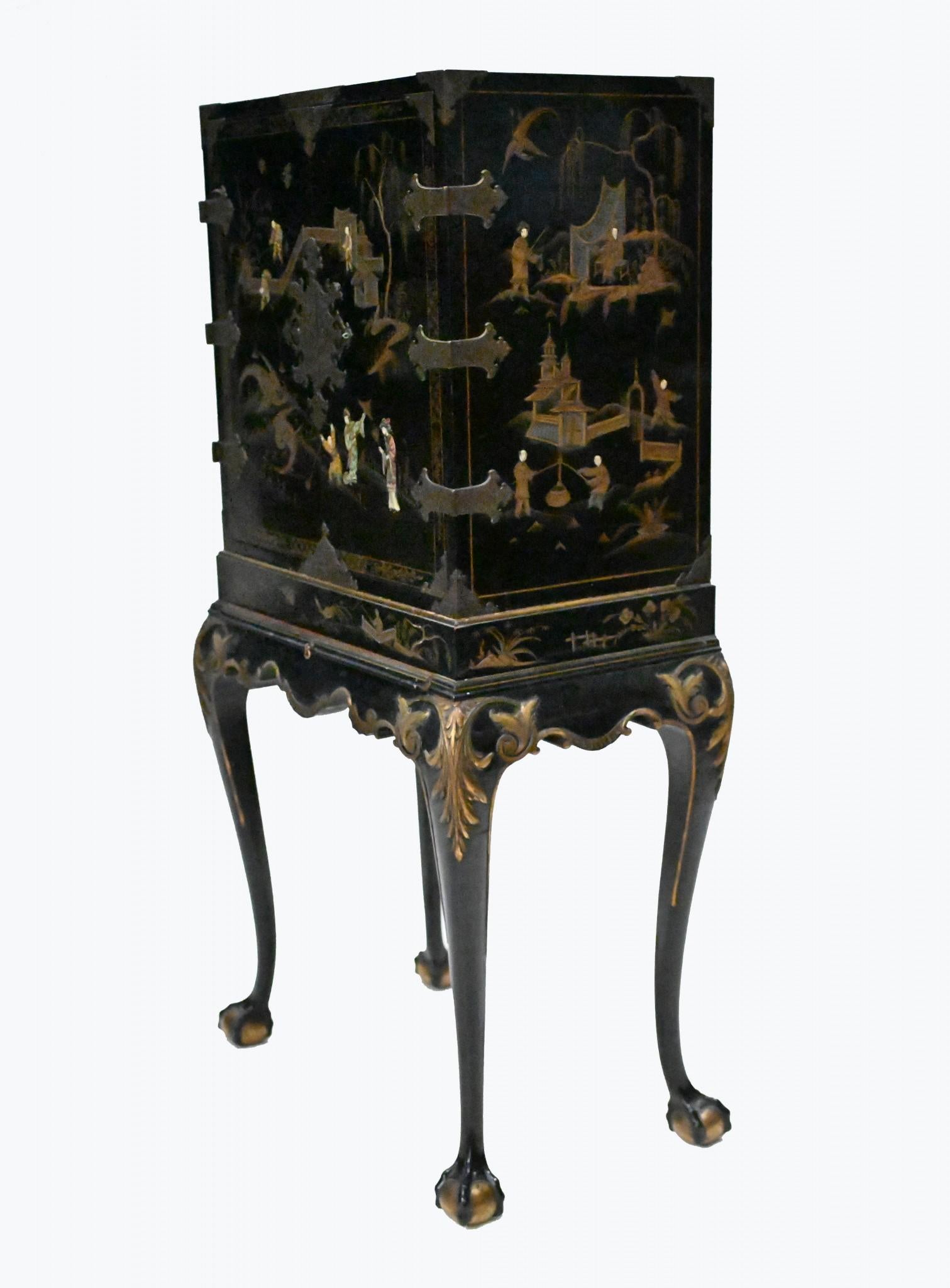English Specimen Cabinet Chinoiserie Lacquer 1900 Antique 1