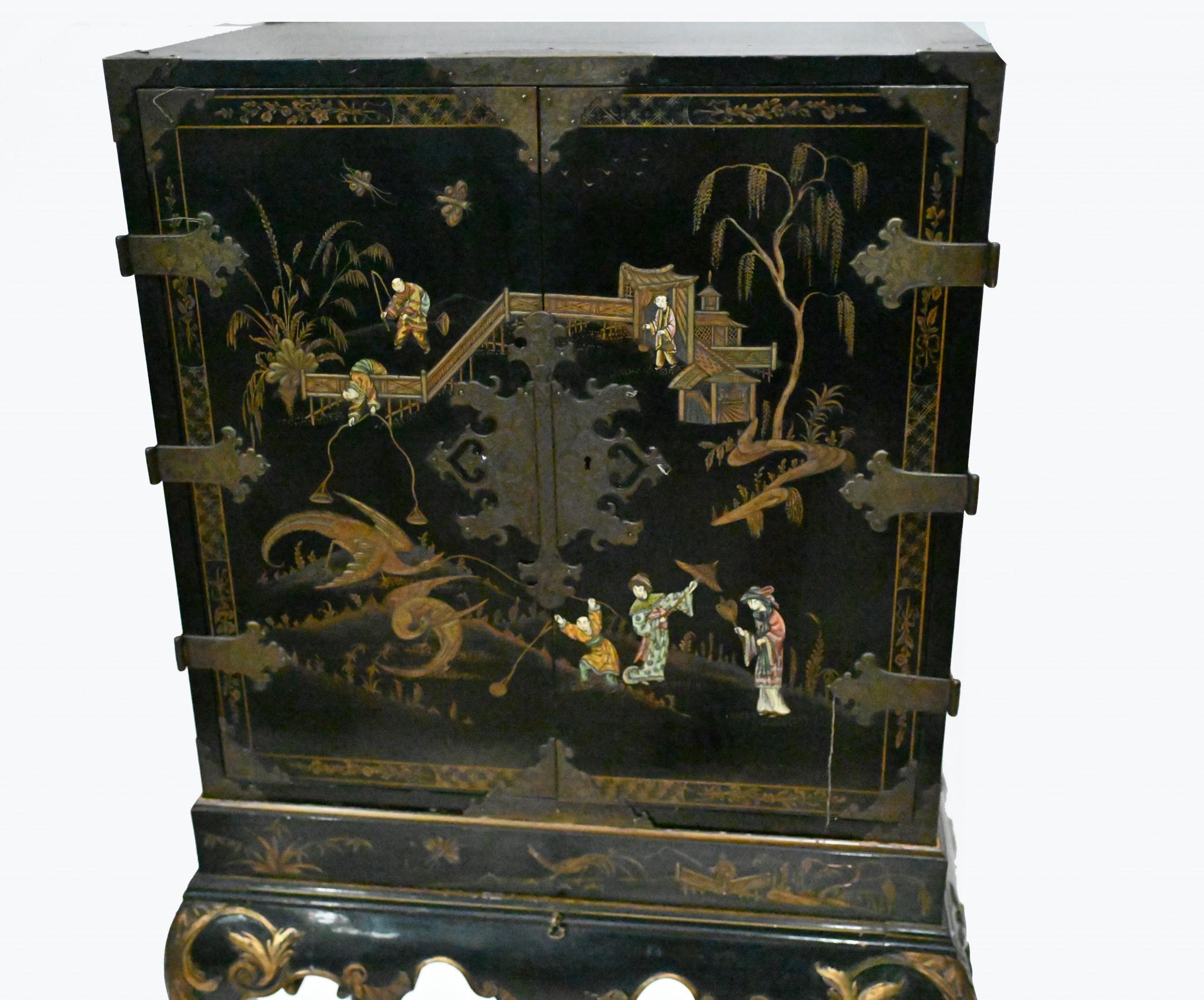 English Specimen Cabinet Chinoiserie Lacquer 1900 Antique 3