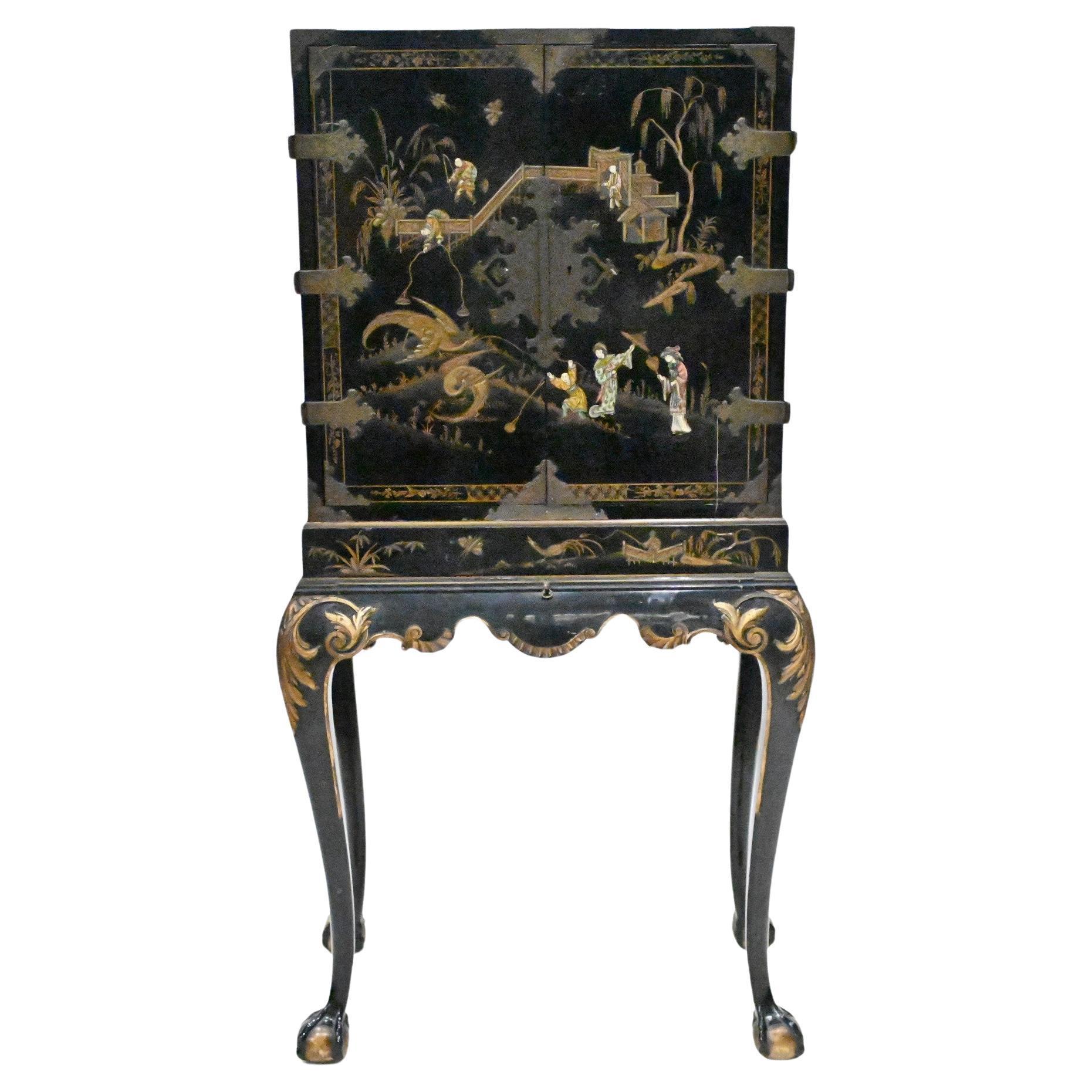 English Specimen Cabinet Chinoiserie Lacquer 1900 Antique