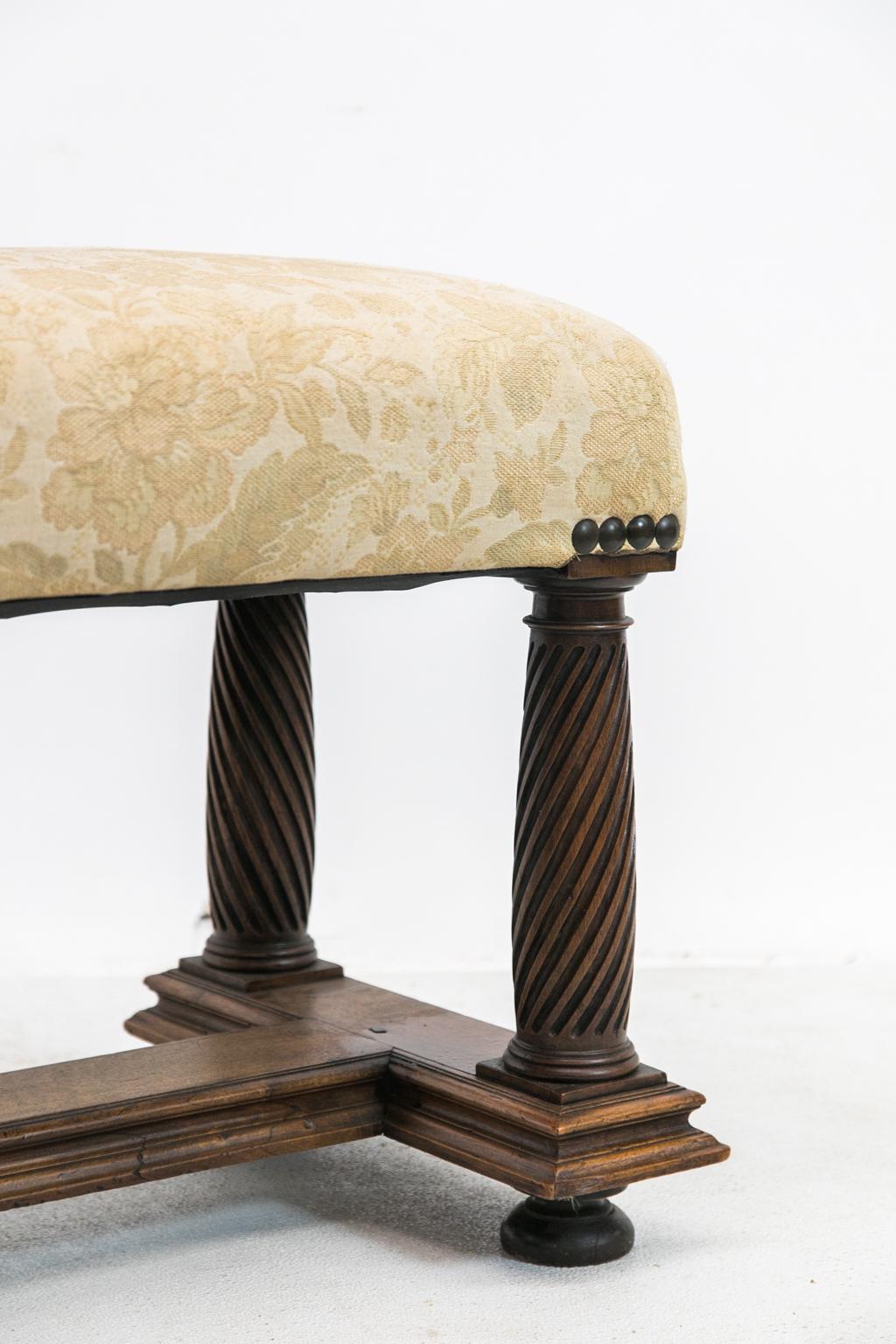Fabric English Spiral Carved Stretcher Base Bench For Sale