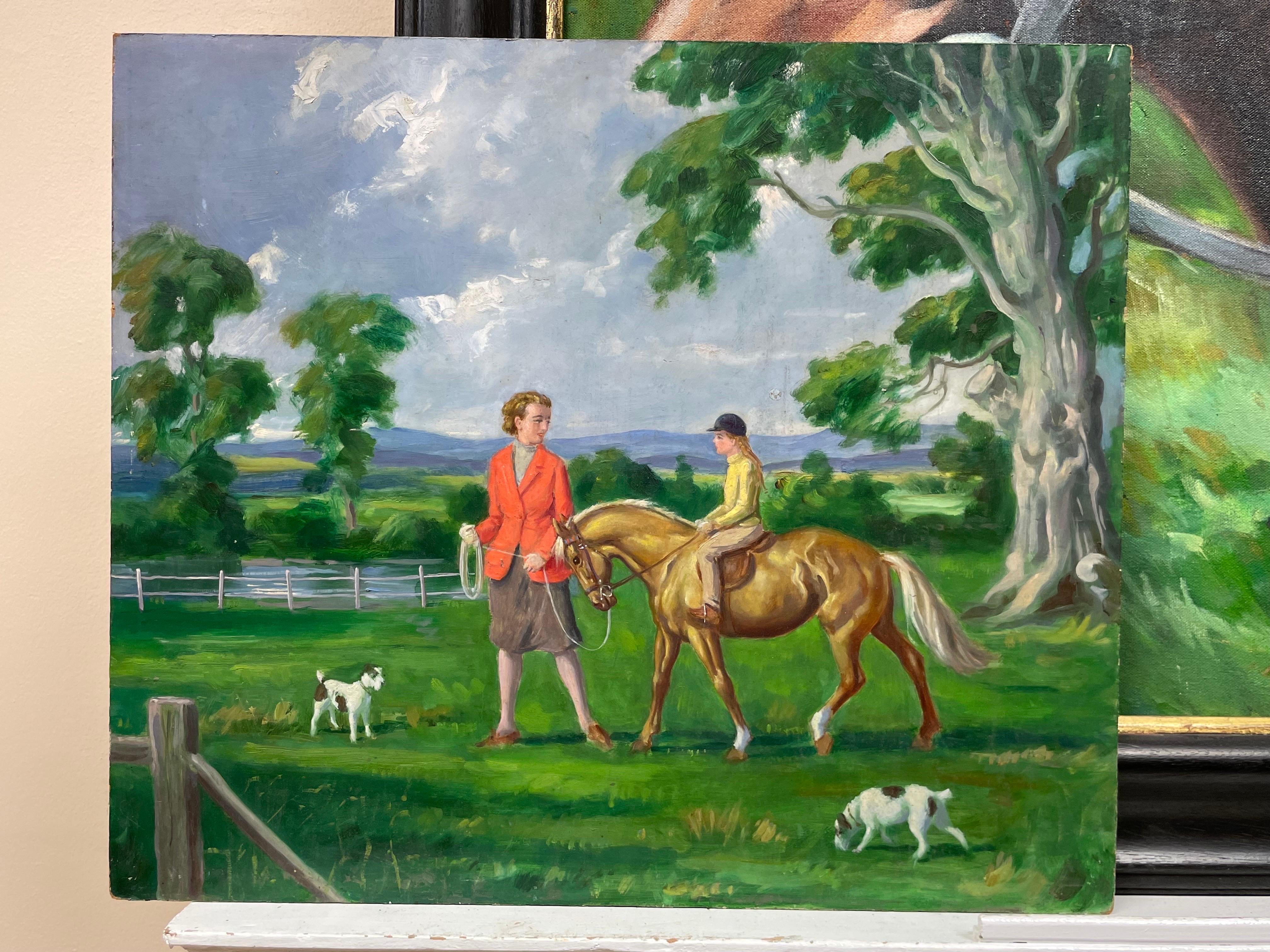 1950's English Oil Mother & Daughter Horse Riding Lesson & Two Jack Russel Dogs - Painting by English Sporting Art