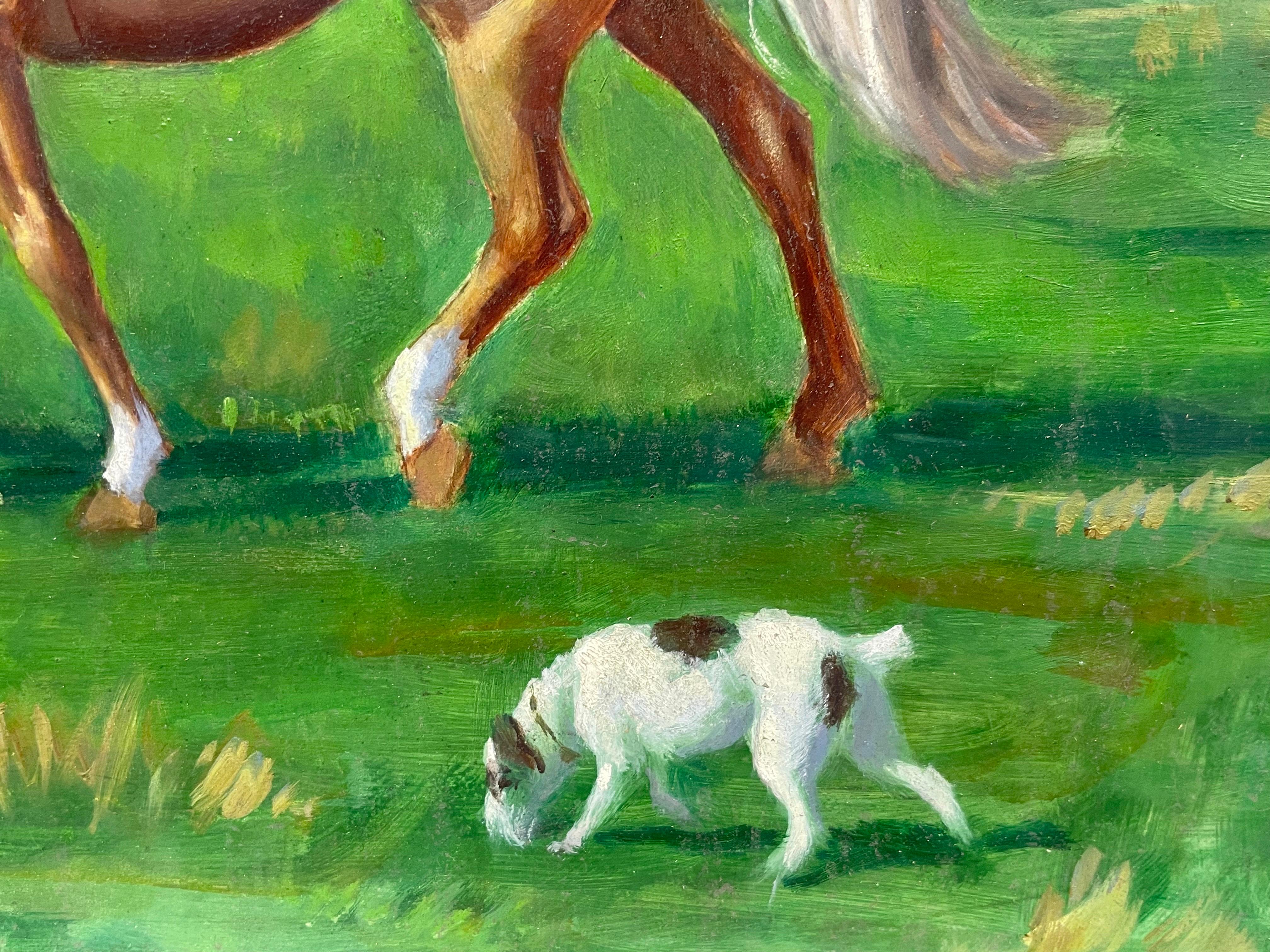Huile anglaise des années 1950 Mère et fille en leçon d'équitation et deux chiens Jack Russel - Victorien Painting par English Sporting Art