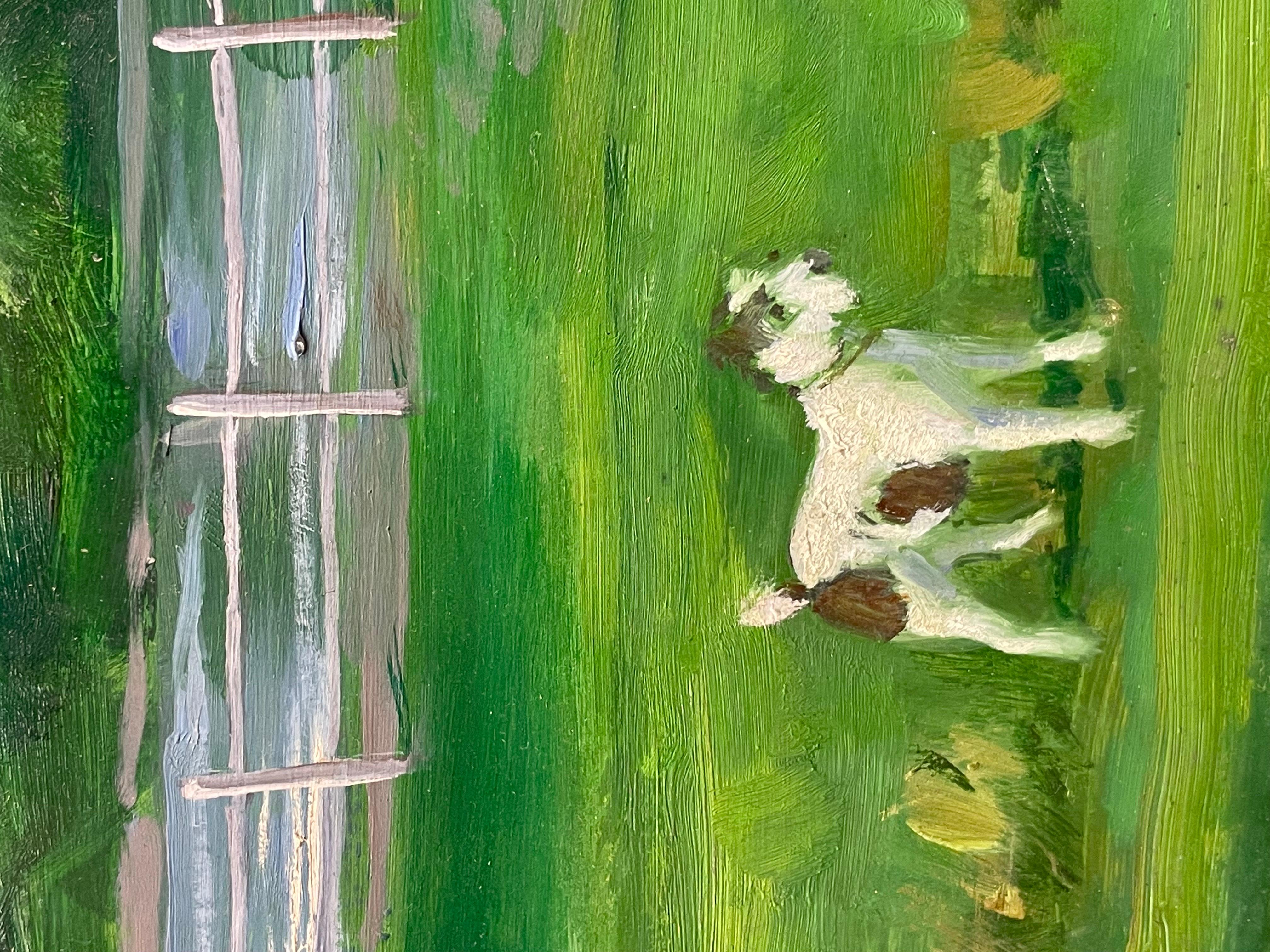 Huile anglaise des années 1950 Mère et fille en leçon d'équitation et deux chiens Jack Russel en vente 3