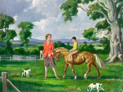 1950's English Oil Mother & Daughter Horse Riding Lesson & Two Jack Russel Dogs