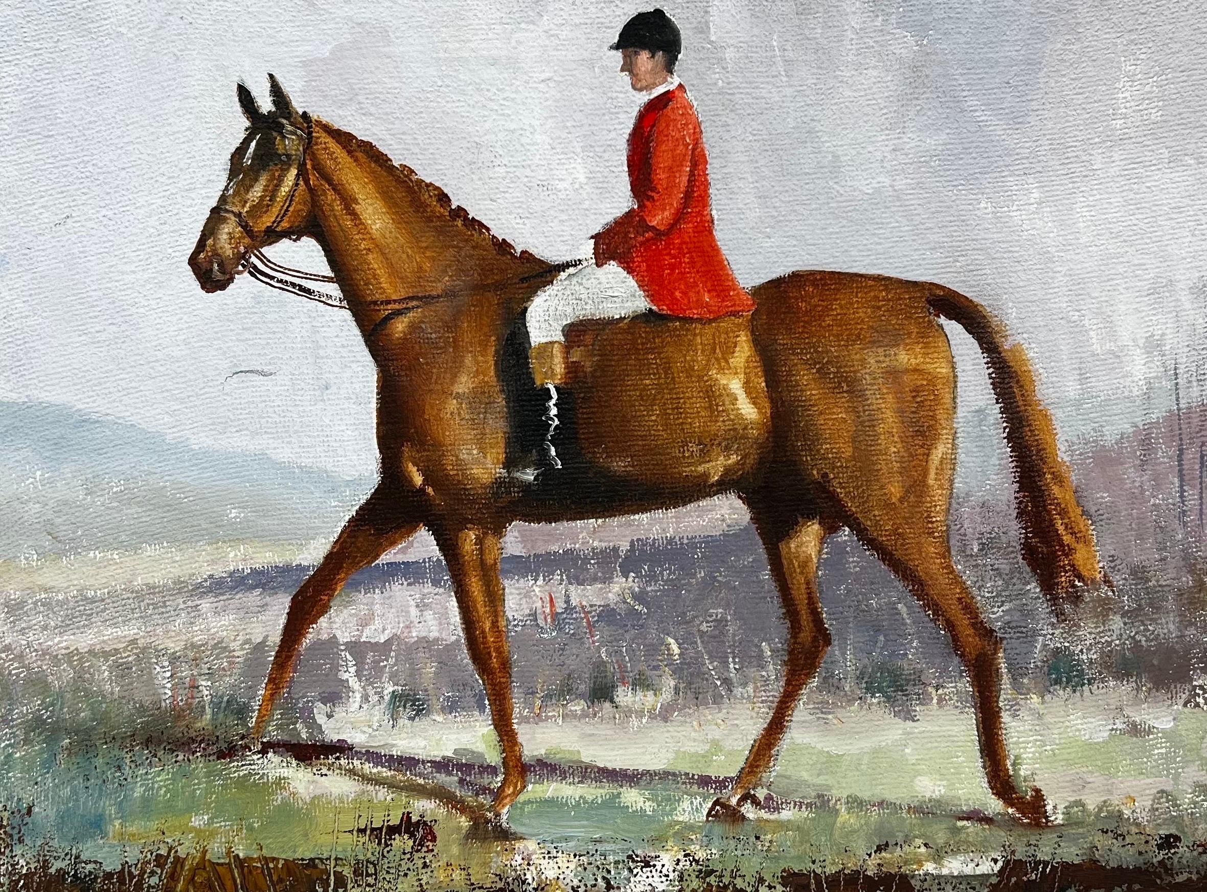 Classico dipinto ad olio di British Sporting Art Cacciatore a cavallo Paesaggio invernale - Painting di English Sporting Art