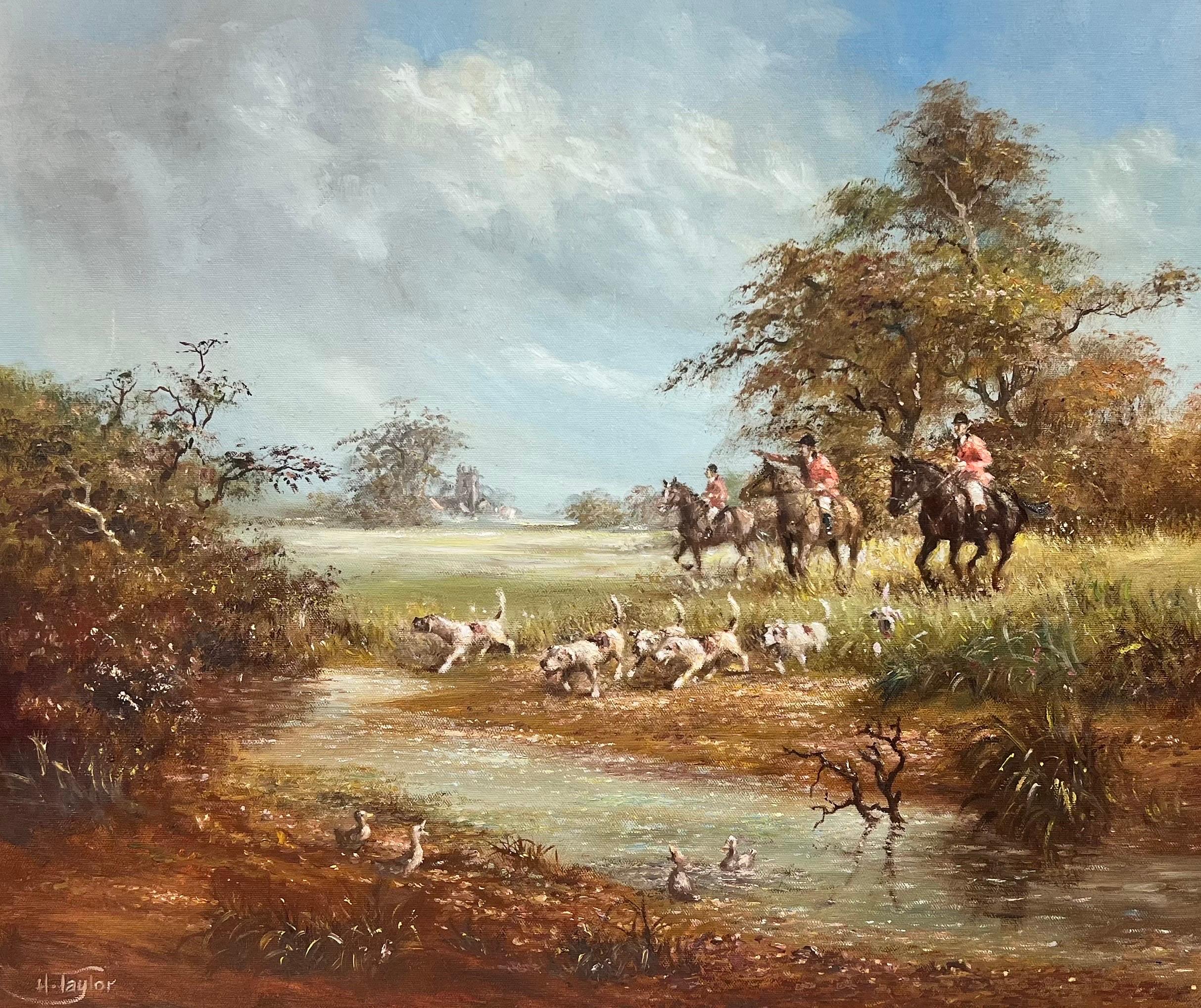 Classic English Fox Hunting with Hounds crossing Stream Rural Fields Signed Oil  - Painting by English Sporting Art