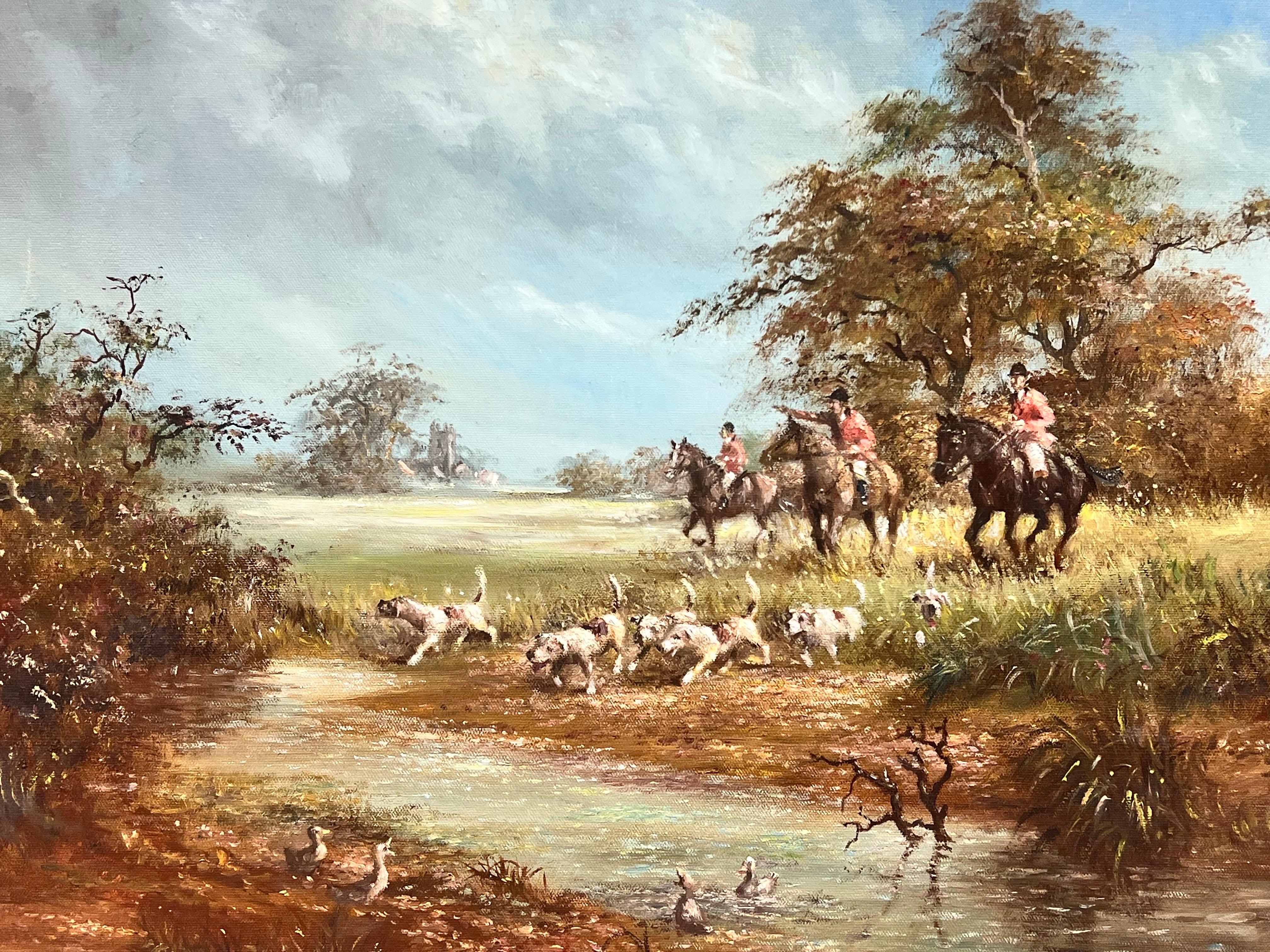 Classic English Fox Hunting with Hounds crossing Stream Rural Fields Signed Oil  - Impressionist Painting by English Sporting Art