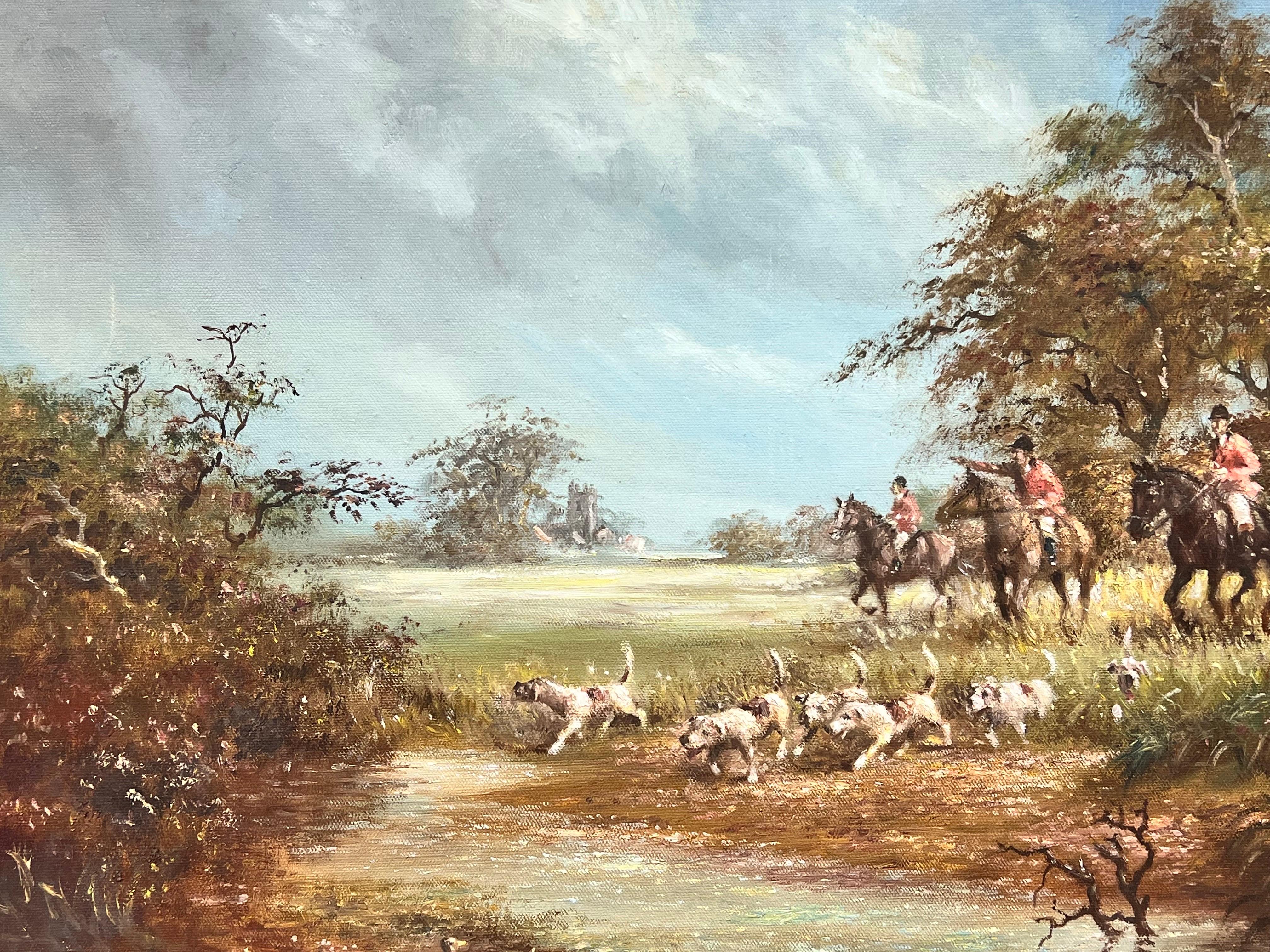Classic English Fox Hunting with Hounds crossing Stream Rural Fields Signed Oil  For Sale 1