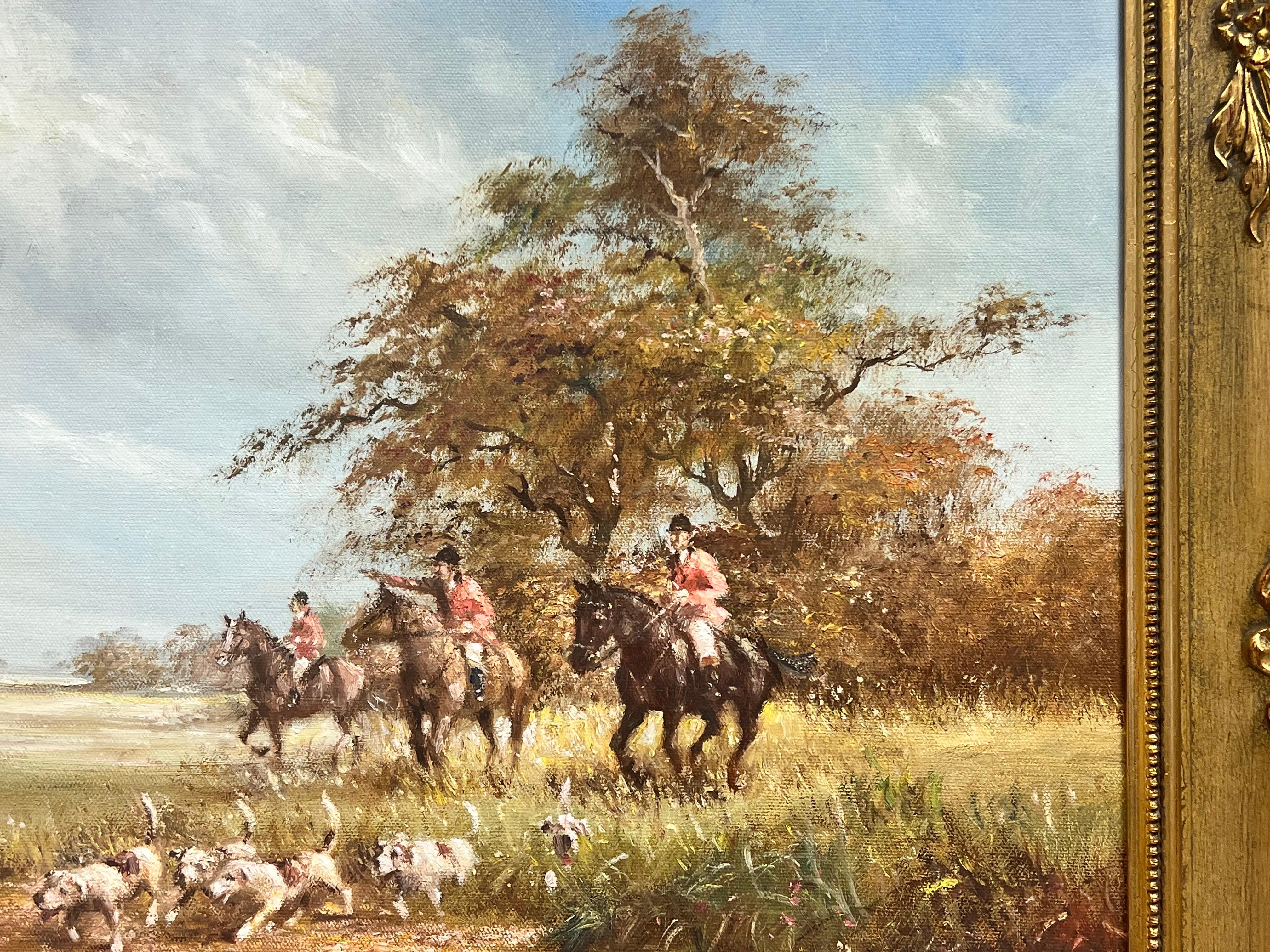 Classic English Fox Hunting with Hounds crossing Stream Rural Fields Signed Oil  For Sale 2