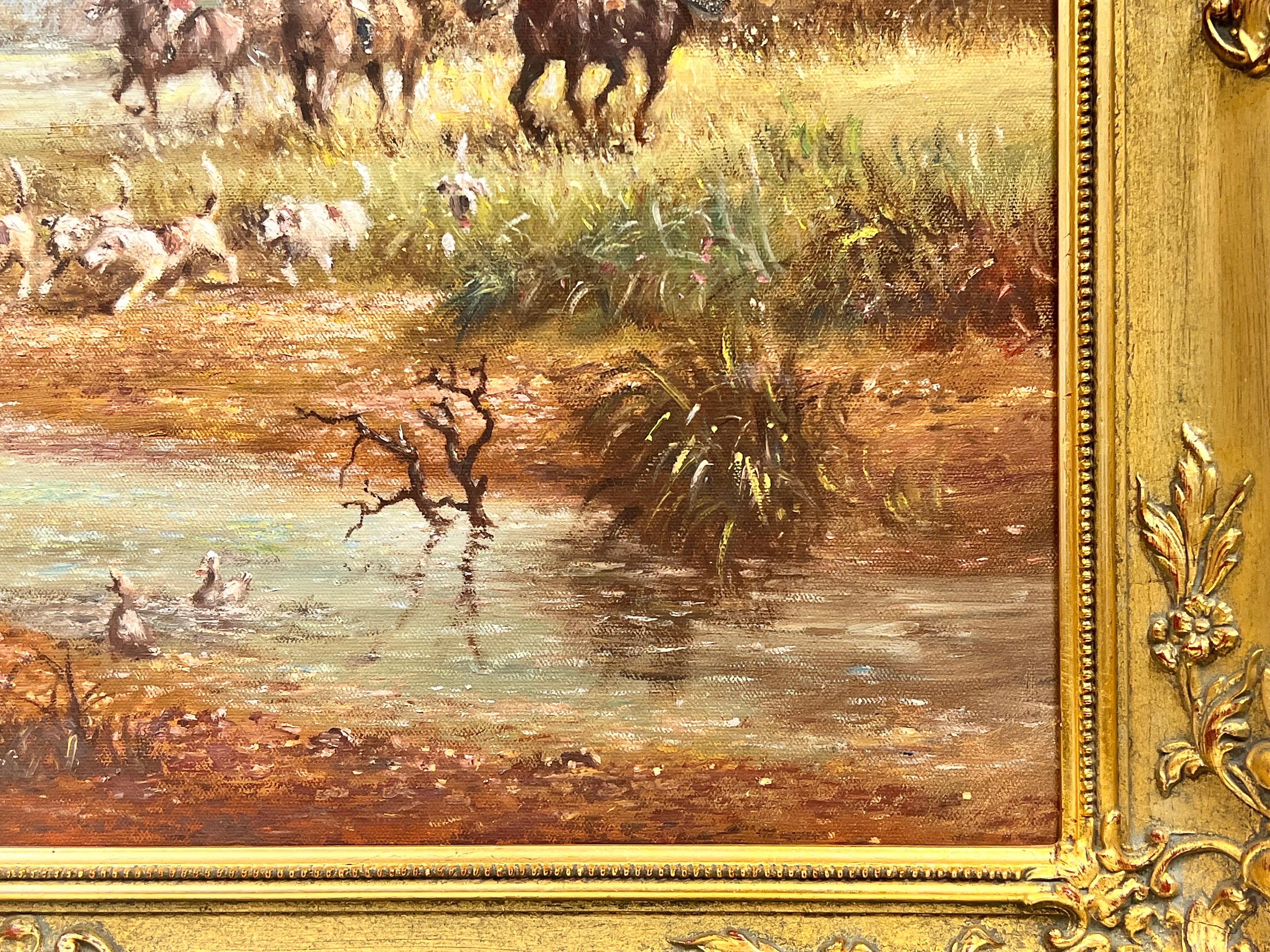 Classic English Fox Hunting with Hounds crossing Stream Rural Fields Signed Oil  For Sale 3