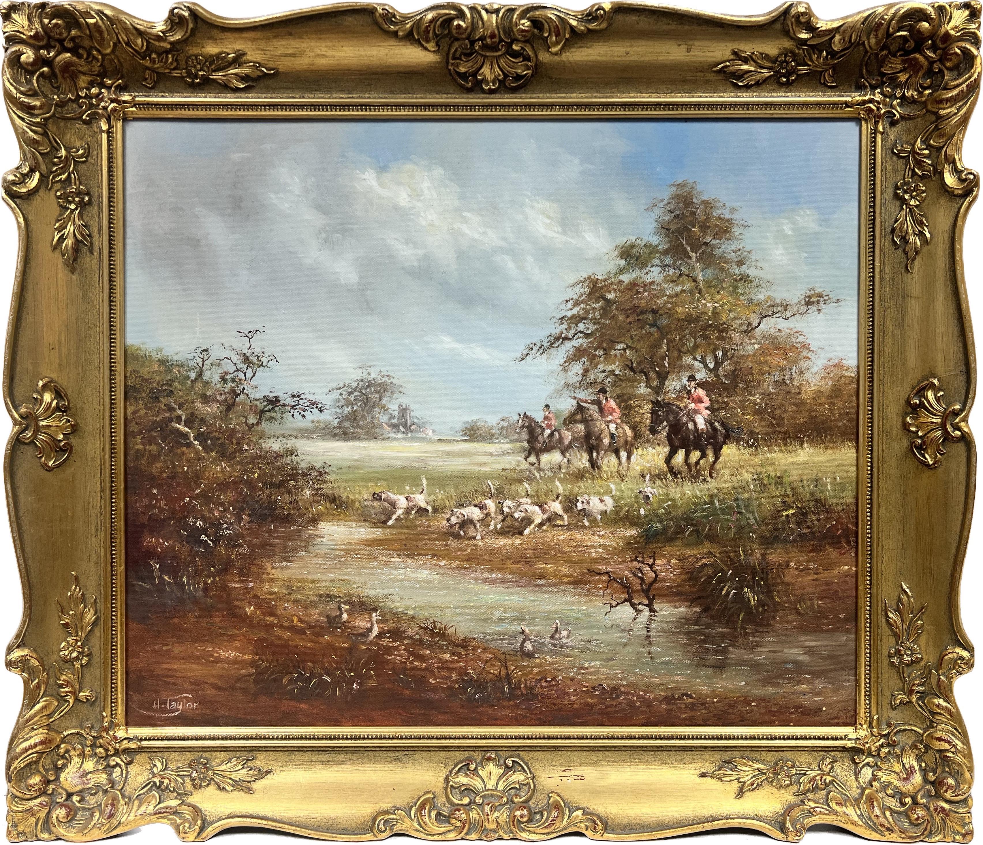 English Sporting Art Landscape Painting - Classic English Fox Hunting with Hounds crossing Stream Rural Fields Signed Oil 