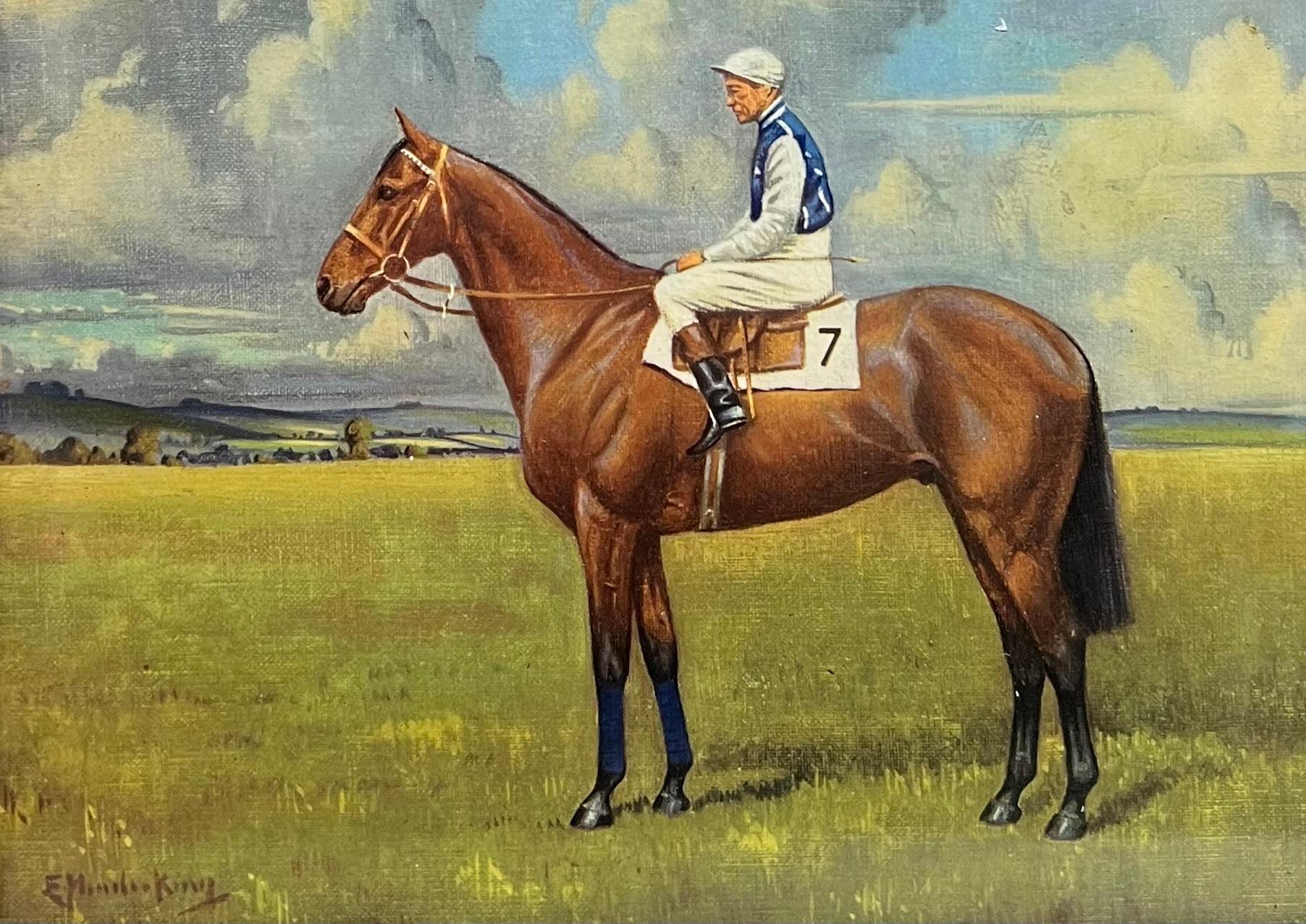 Cheval de course anglais avec jockey Up dans un paysage Huile signée du 20e siècle - Painting de English Sporting Art