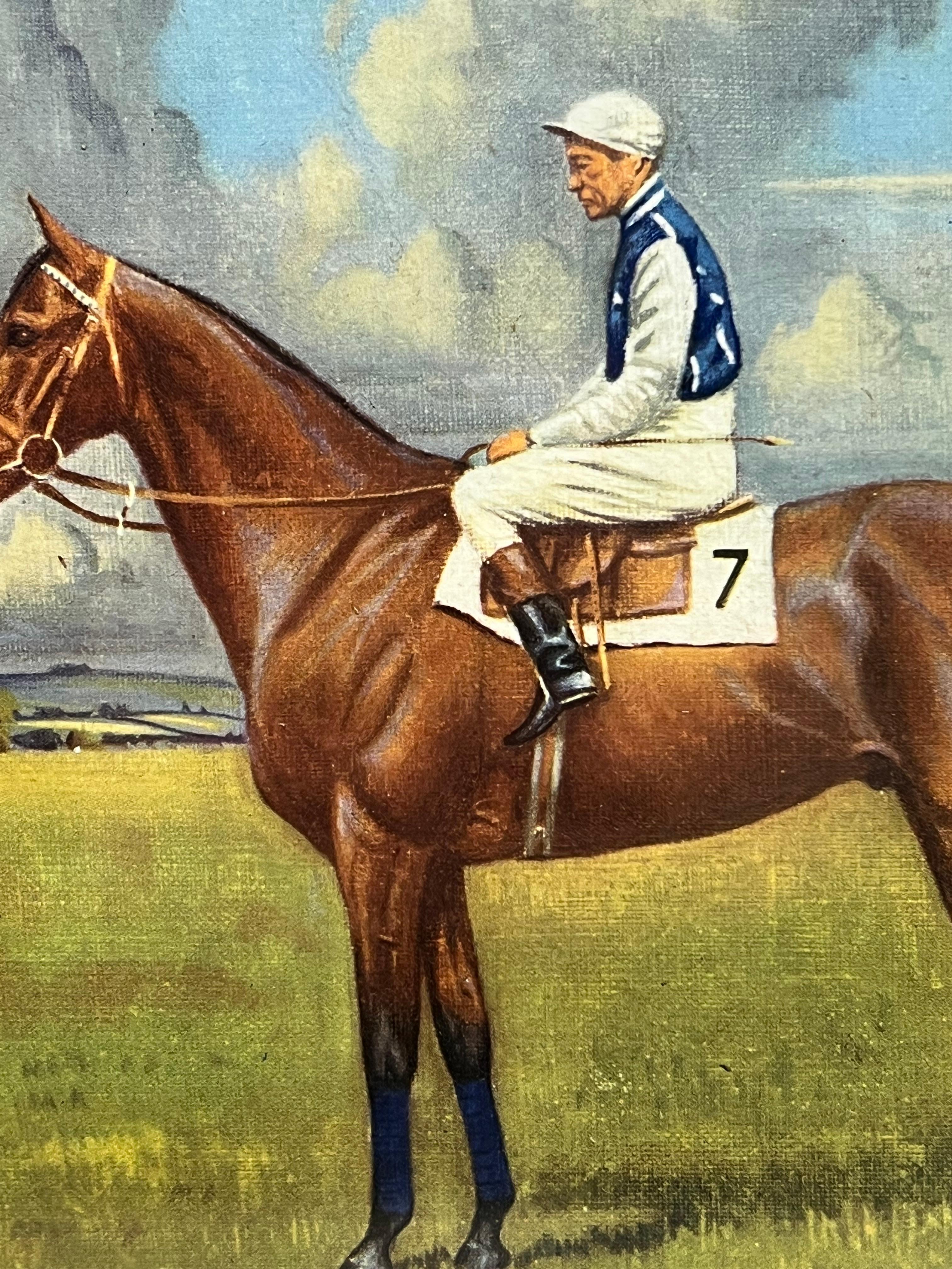 Cheval de course anglais avec jockey Up dans un paysage Huile signée du 20e siècle - École anglaise Painting par English Sporting Art