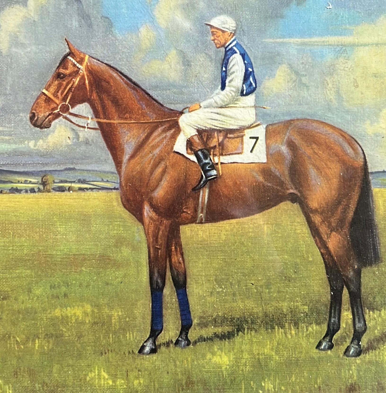 Cheval de course anglais avec jockey Up dans un paysage Huile signée du 20e siècle en vente 2