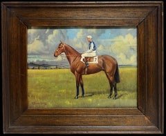 Englisches Rennpferd mit Jockey oben in der Landschaft Signiertes Öl des 20.