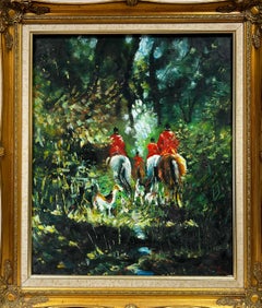 Large Impressionist Signed Oil Painting Huntsman 
Hounds in Woodland Landscape