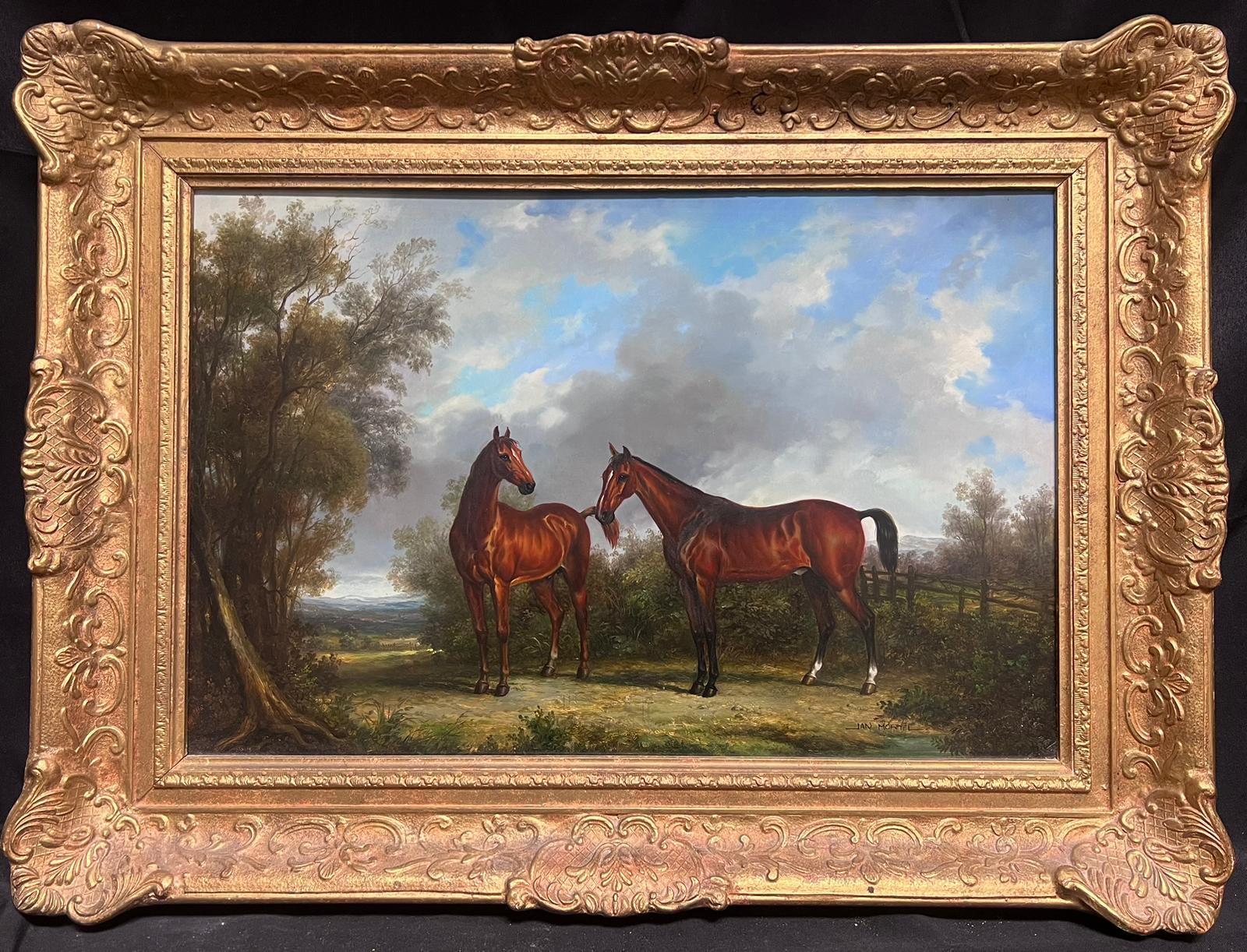 Two Thoroughbred Horses Standing in Landscape Fine Oil Painting, signed - Gray Landscape Painting by English Sporting Art