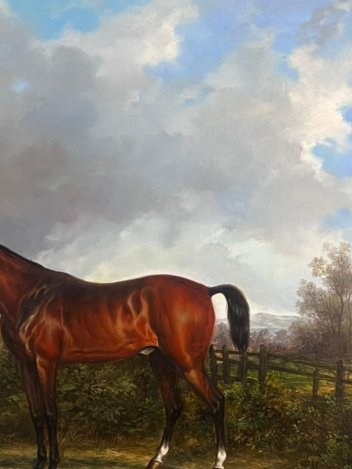Horses in Landscape
by Jan Martel, English 20th century
signed oil on board, framed in elaborate moulded swept gilt frame. 
framed: 22.5 x 31 inches
board: 16 x 21 inches
provenance: private collection, UK
condition: very good and presentable