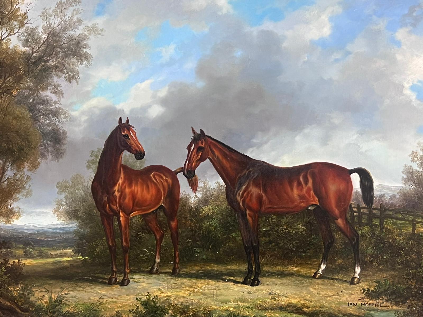 Two Thoroughbred Horses Standing in Landscape Fine Oil Painting, signed 1