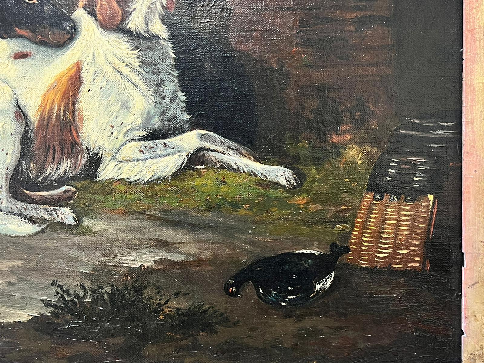 Esperando al amo Dos perros de caza fuera de Gamekeepers Cottage Pintura al óleo - Landscape Painting Negro de English Sporting Art