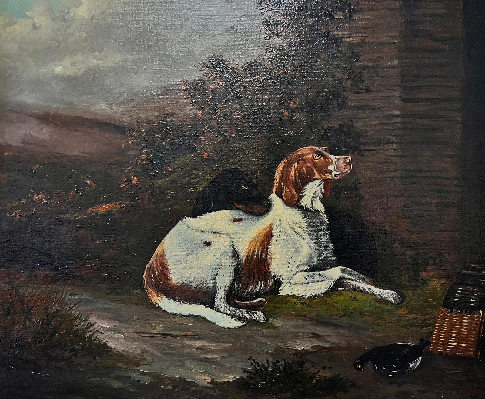 Landscape Painting English Sporting Art - Attente du maître Deux chiens de chasse à l'extérieur de la maison du garde-chasse Peinture à l'huile