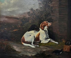 Antique Waiting for the Master Two Hunting Dogs outside Gamekeepers Cottage oil Painting