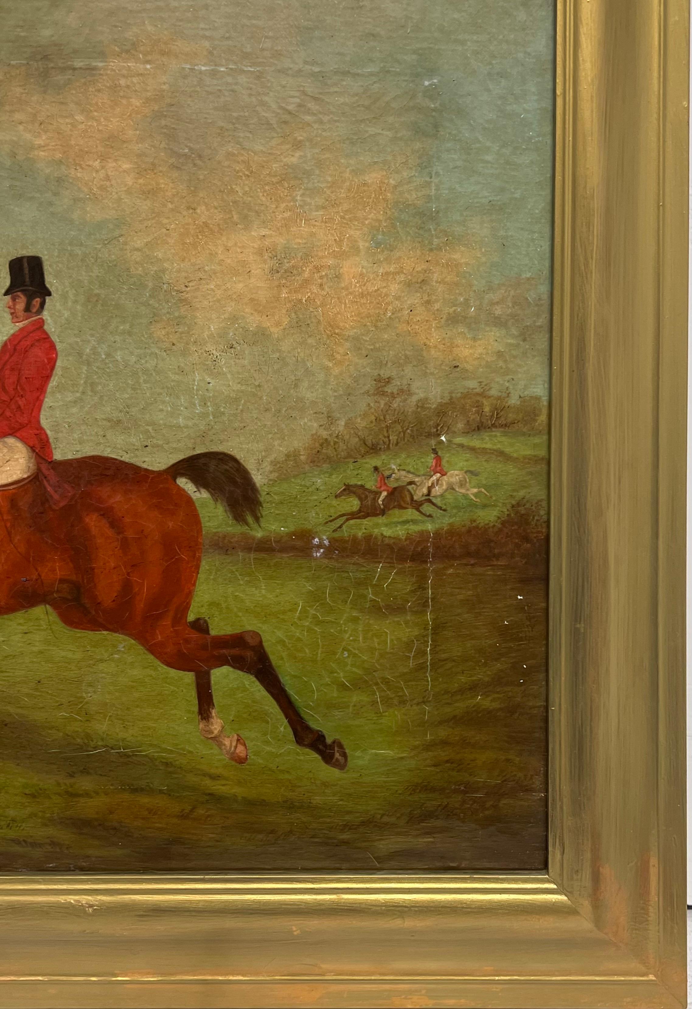 Antique English Hunting Scene Oil Painting Huntsman on Horseback, framed 7