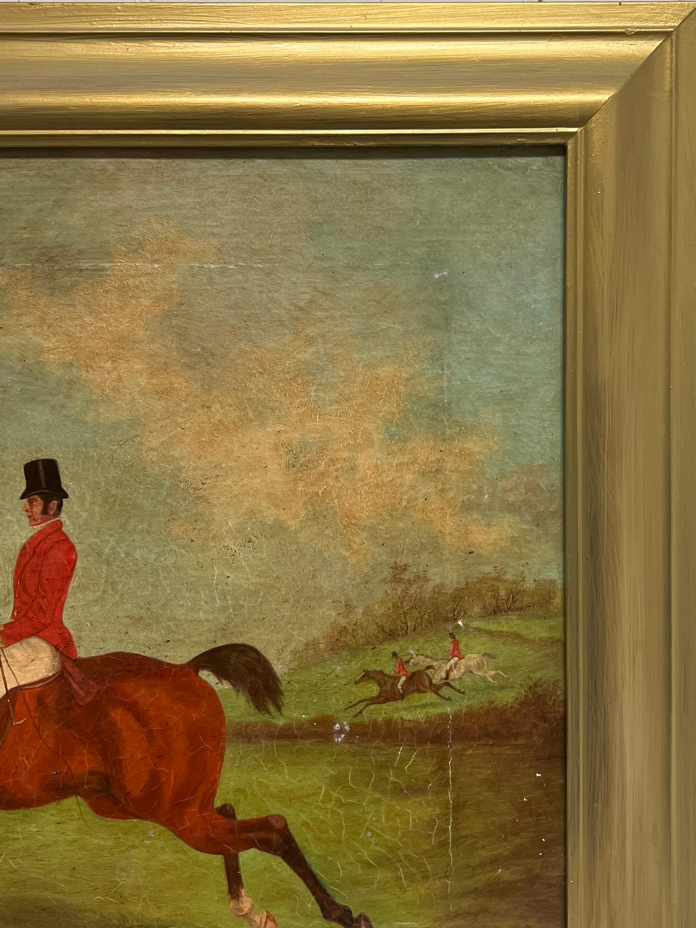 Antique English Hunting Scene Oil Painting Huntsman on Horseback, framed 8