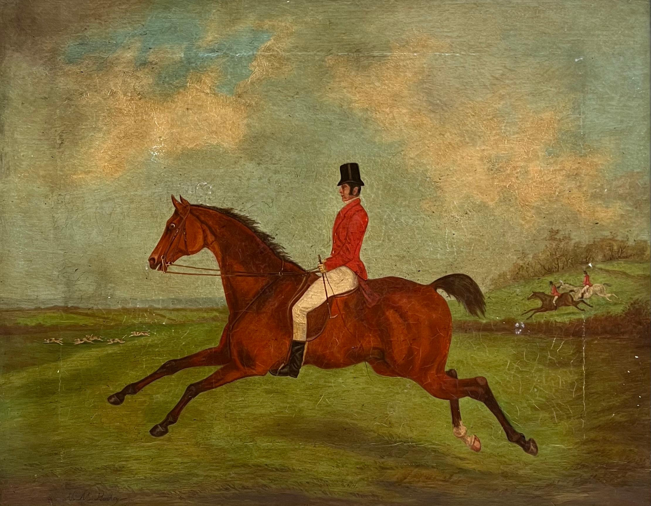 Antique English Hunting Scene Oil Painting Huntsman on Horseback, framed - Brown Animal Painting by English Sporting Artist