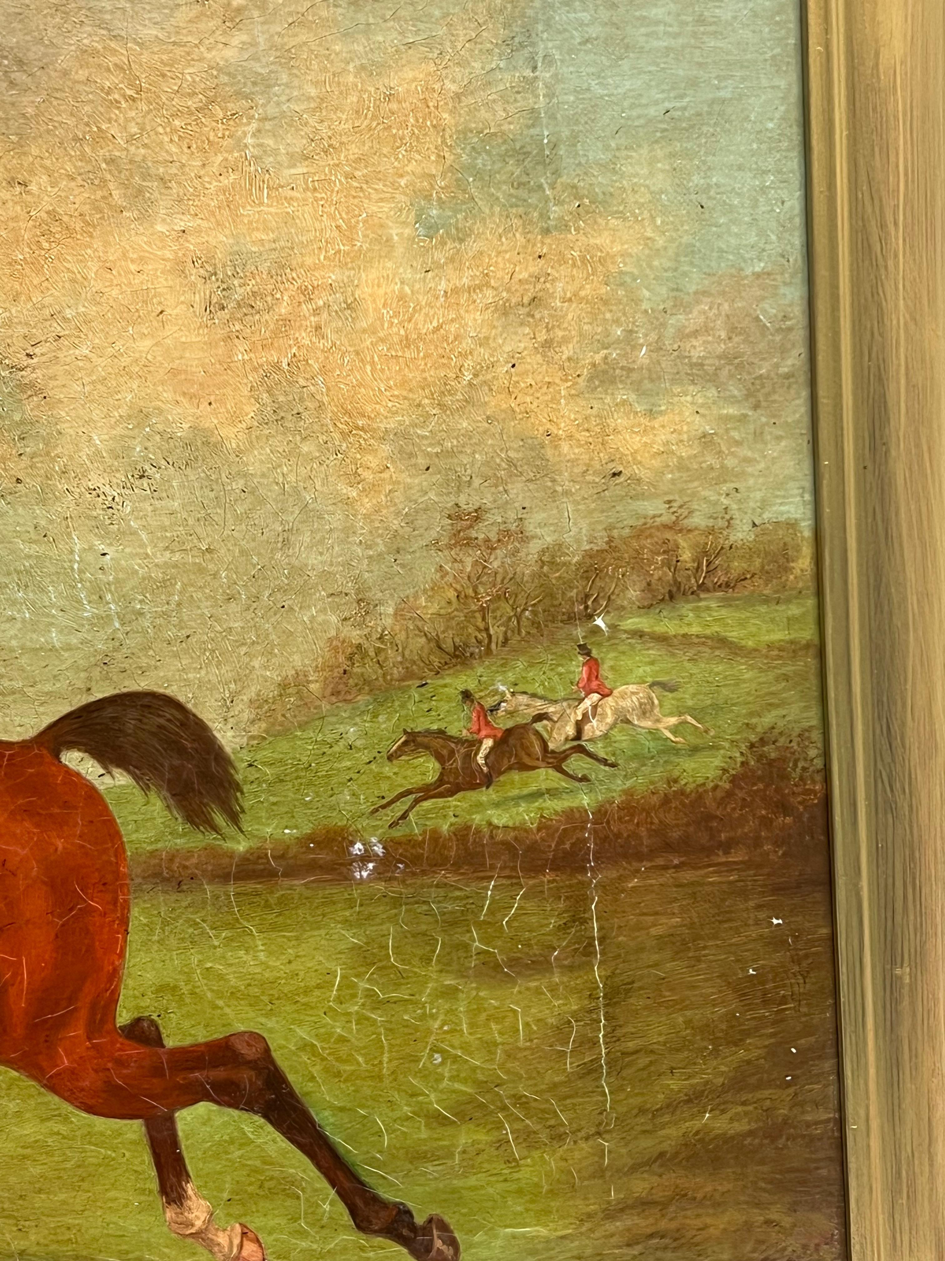 Antique English Hunting Scene Oil Painting Huntsman on Horseback, framed 1