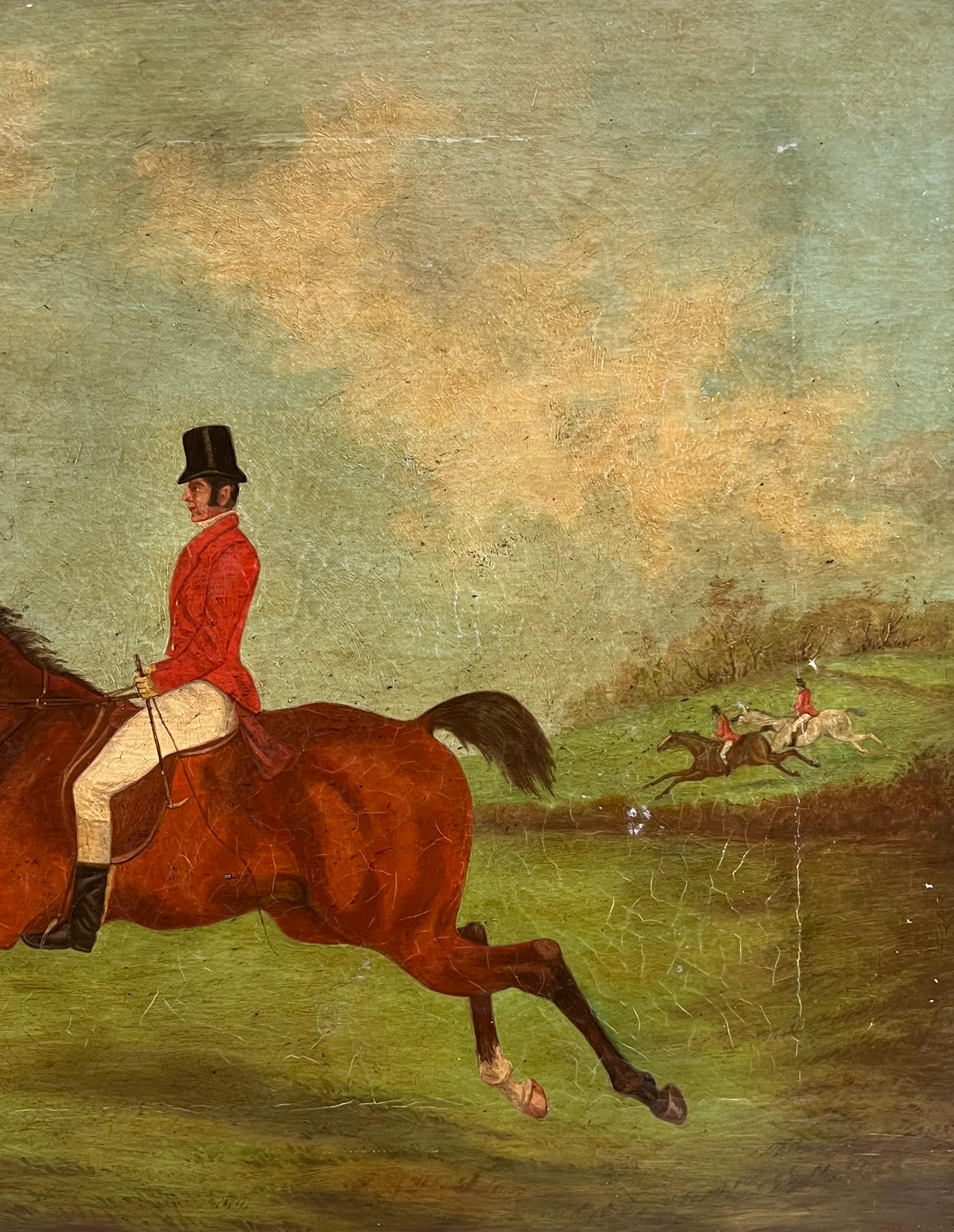 Antique English Hunting Scene Oil Painting Huntsman on Horseback, framed 2