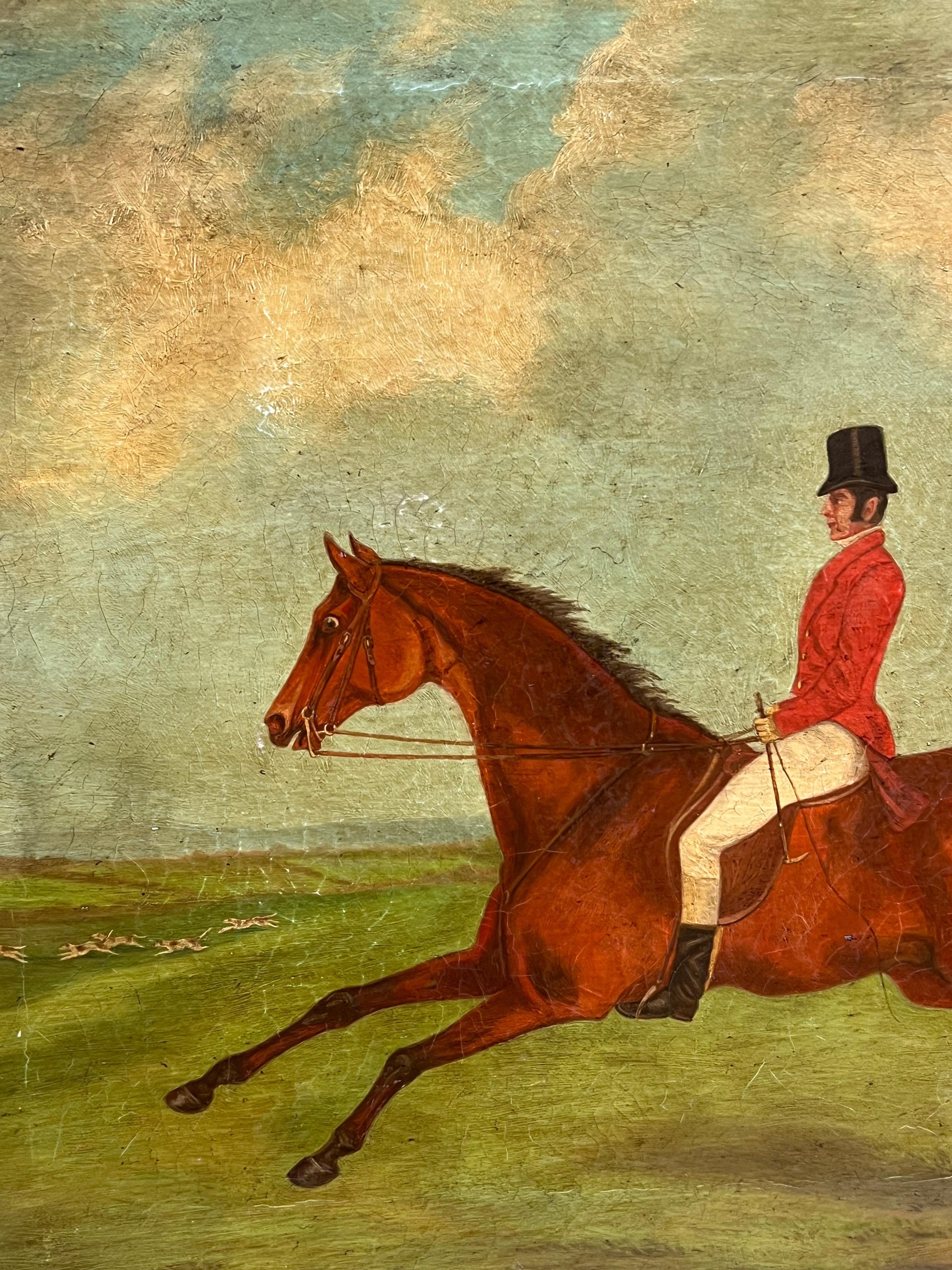 Antique English Hunting Scene Oil Painting Huntsman on Horseback, framed 3