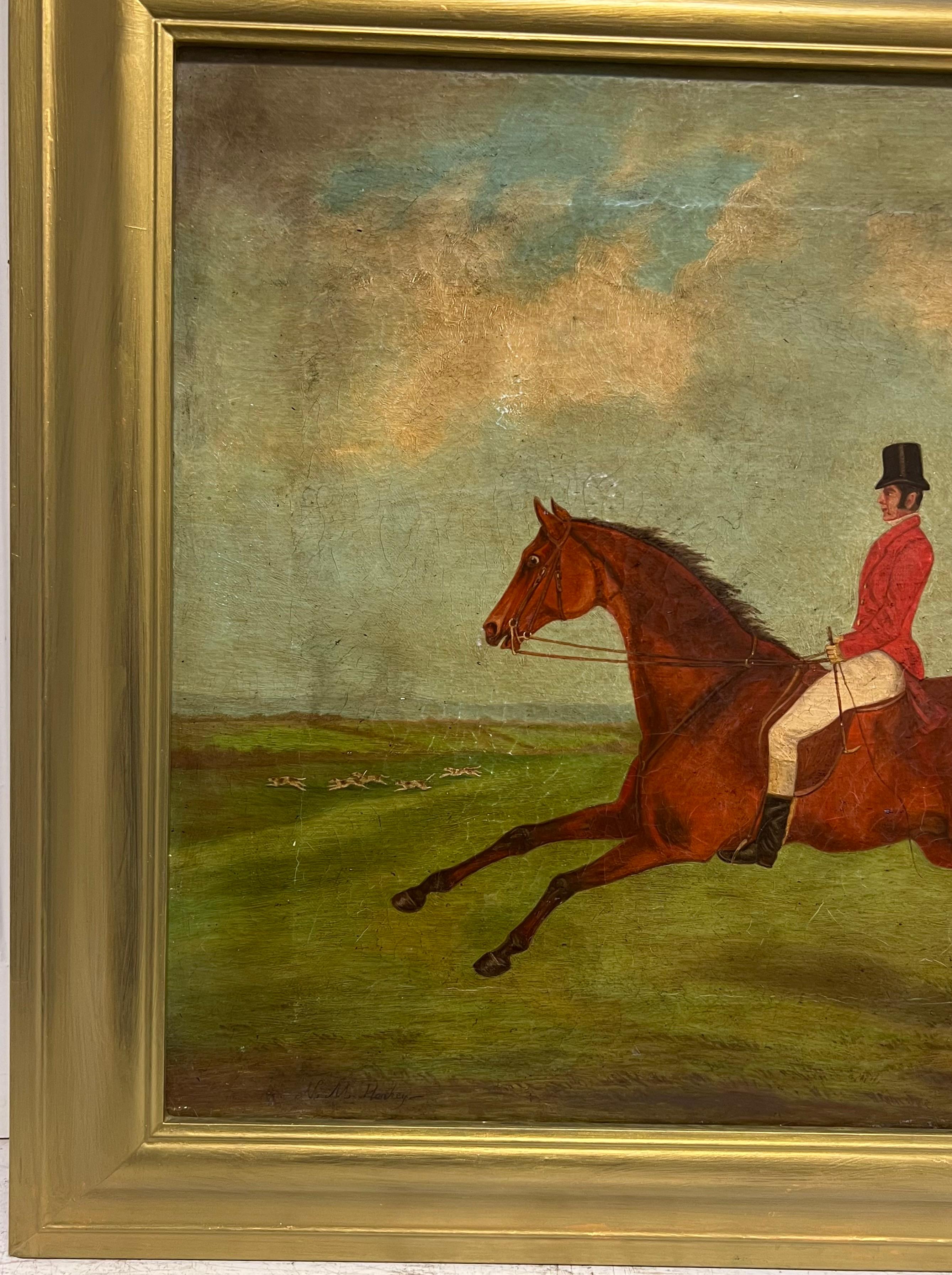Antique English Hunting Scene Oil Painting Huntsman on Horseback, framed 5